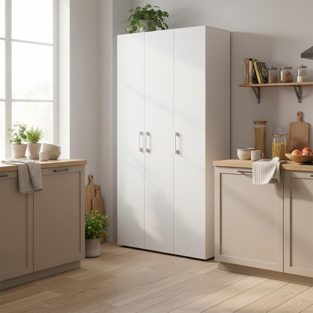Bellamio Apol Mehrzweckschrank Weiß – Besenschrank 90 cm breit mit Stauraum – Putzschrank mit Staubsaugerfach – Vorratsschrank Küche - Aktenschrank aus Holz - Flurschrank – Aufbewahrungsschrank