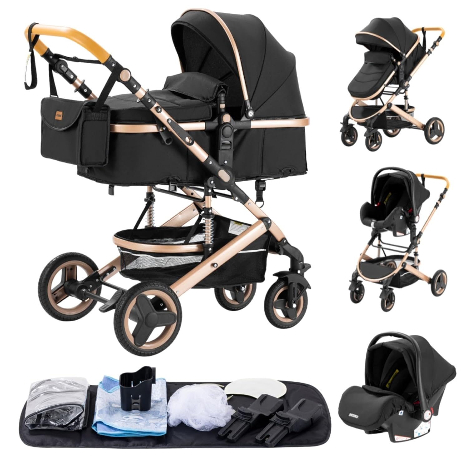 YAZOCO kinderwagen 3 in 1, Zusammenklappbar kinderwagen mit Wickeltasche,Komplettset Becherhalter,Moskitonetz, Fußabdeckung,Sitzzubehör (4 Rosa)