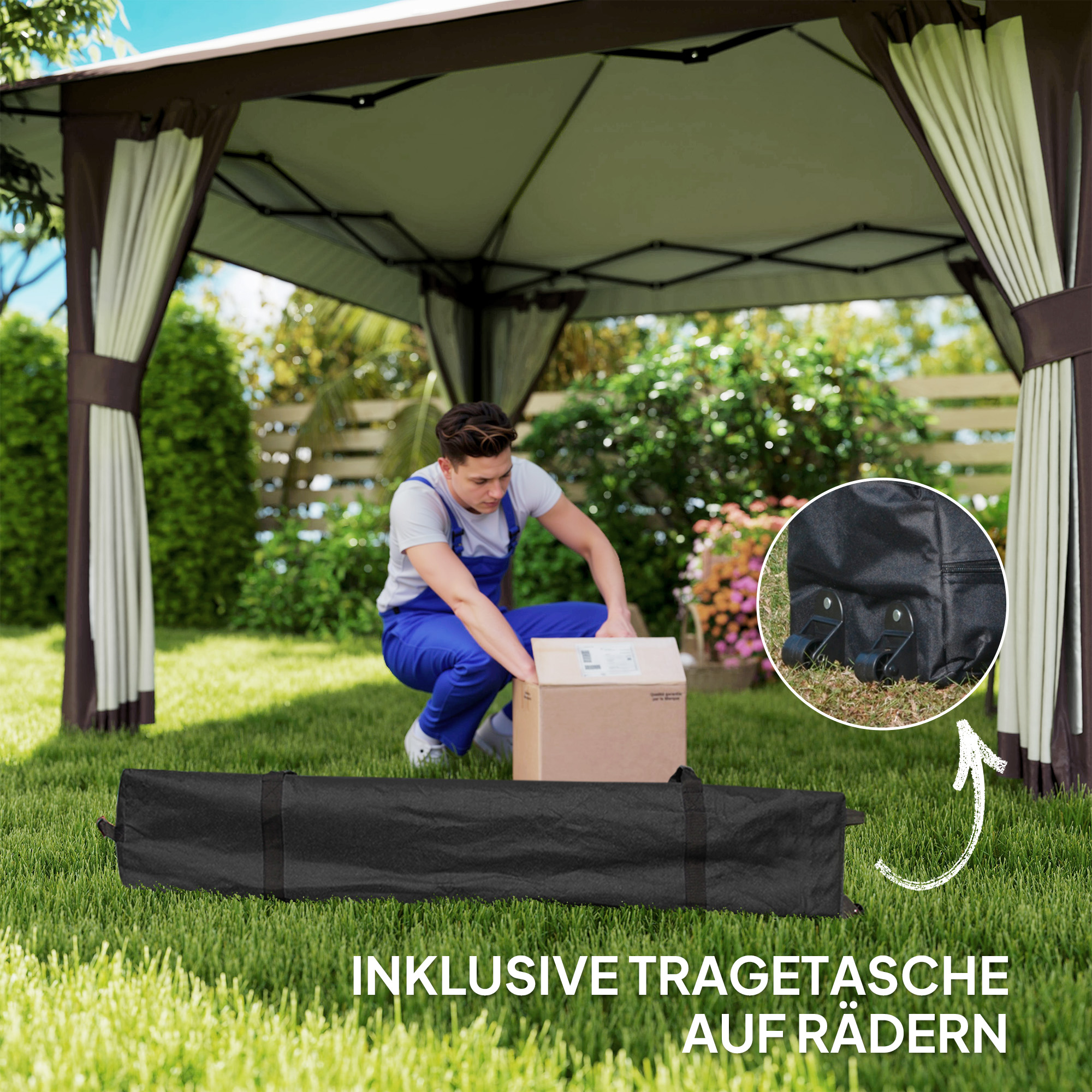 Outsunny 4 x 4 m Tuin Paviljoen, Tuinent met Netwanden, UPF50+ Bescherming, Hoogteverstelbare Partytent, Beige