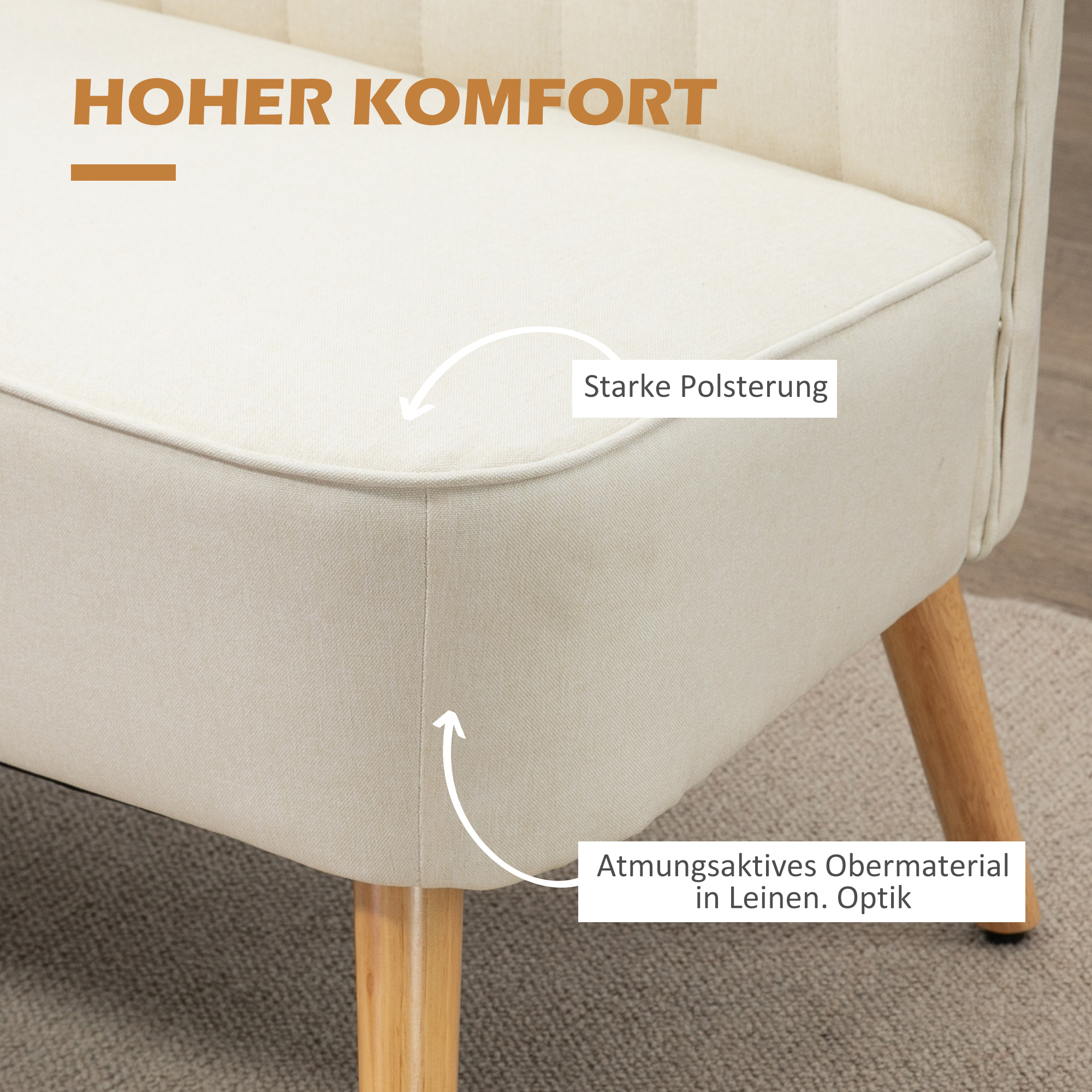 Sofa Retrodesign 2-zitsbank, houten poten, 117 cm x 56,5 cm x 77 cm, Wit