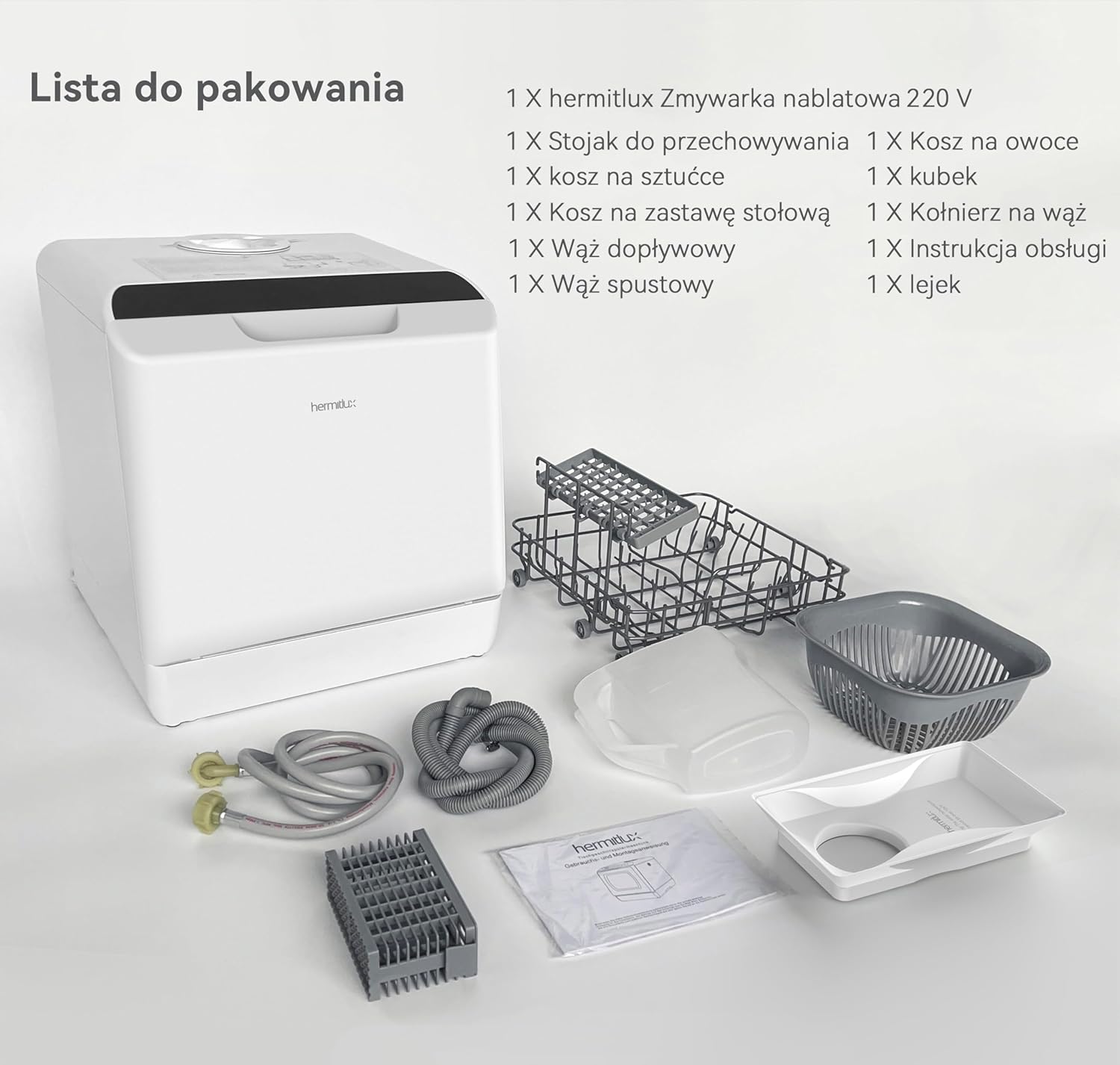 Mini zmywarka stołowa, do użytku z i bez podłączenia do wody, szerokość 43 cm, miejsce na 4 sztućce, do użytku na kempingu, 175 kWh/rok, biały