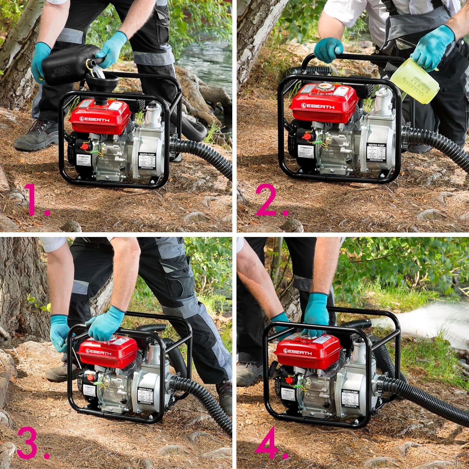 EBERTH 5,5 PK waterpomp met 30.000 l/u en 30 m opvoerhoogte, 2 inch aansluiting, tuin-/vuilwaterpomp met 4-taktmotor en 7 m aanzuighoogte, benzinepomp, trekstarter, metalen voet, handvat