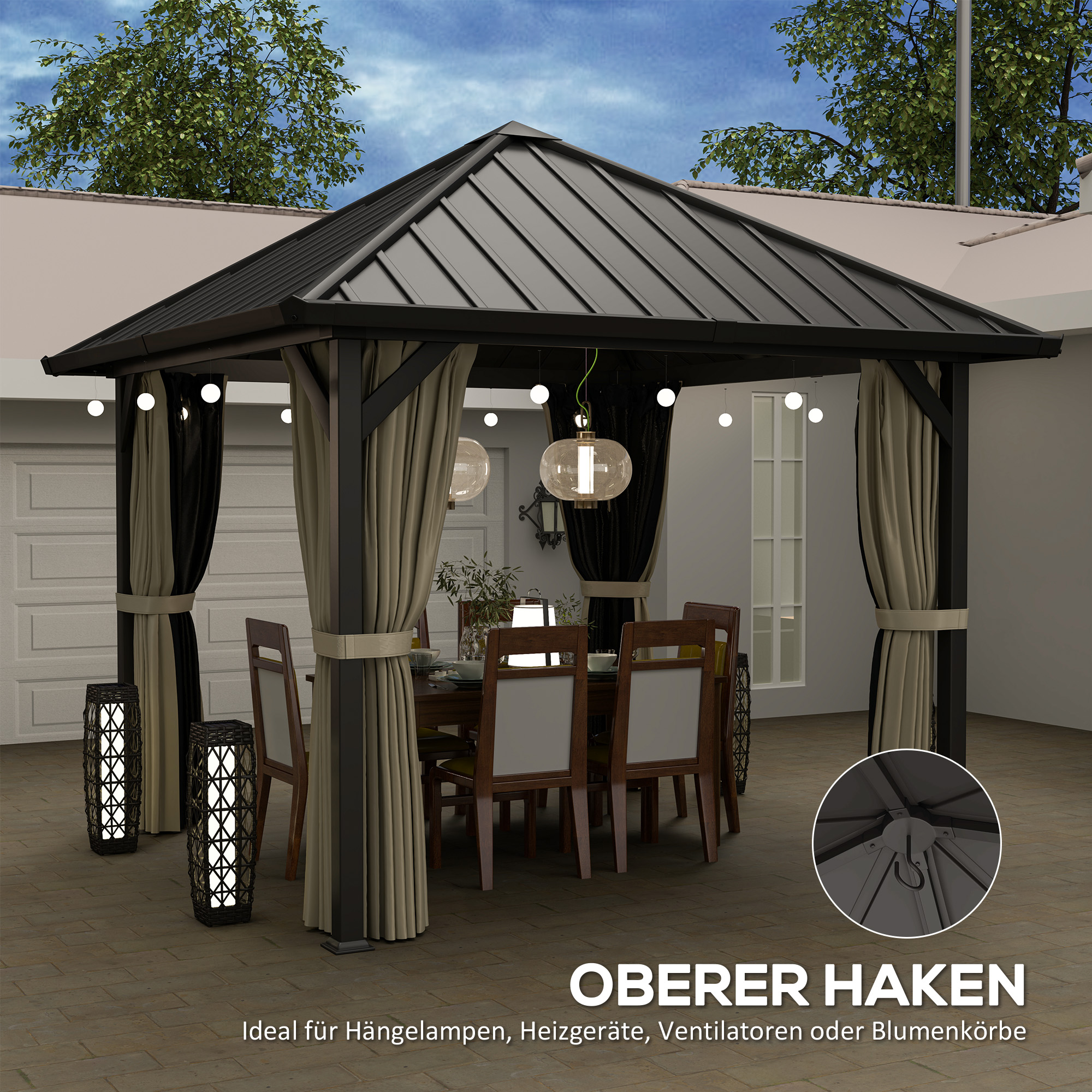 Outsunny 3 x 3m Harddak Paviljoen, Tuinpaviljoen met Metalen Dak, Waterbestendig Tuinzelt met Net en Zijwanden, Donkergrijs
