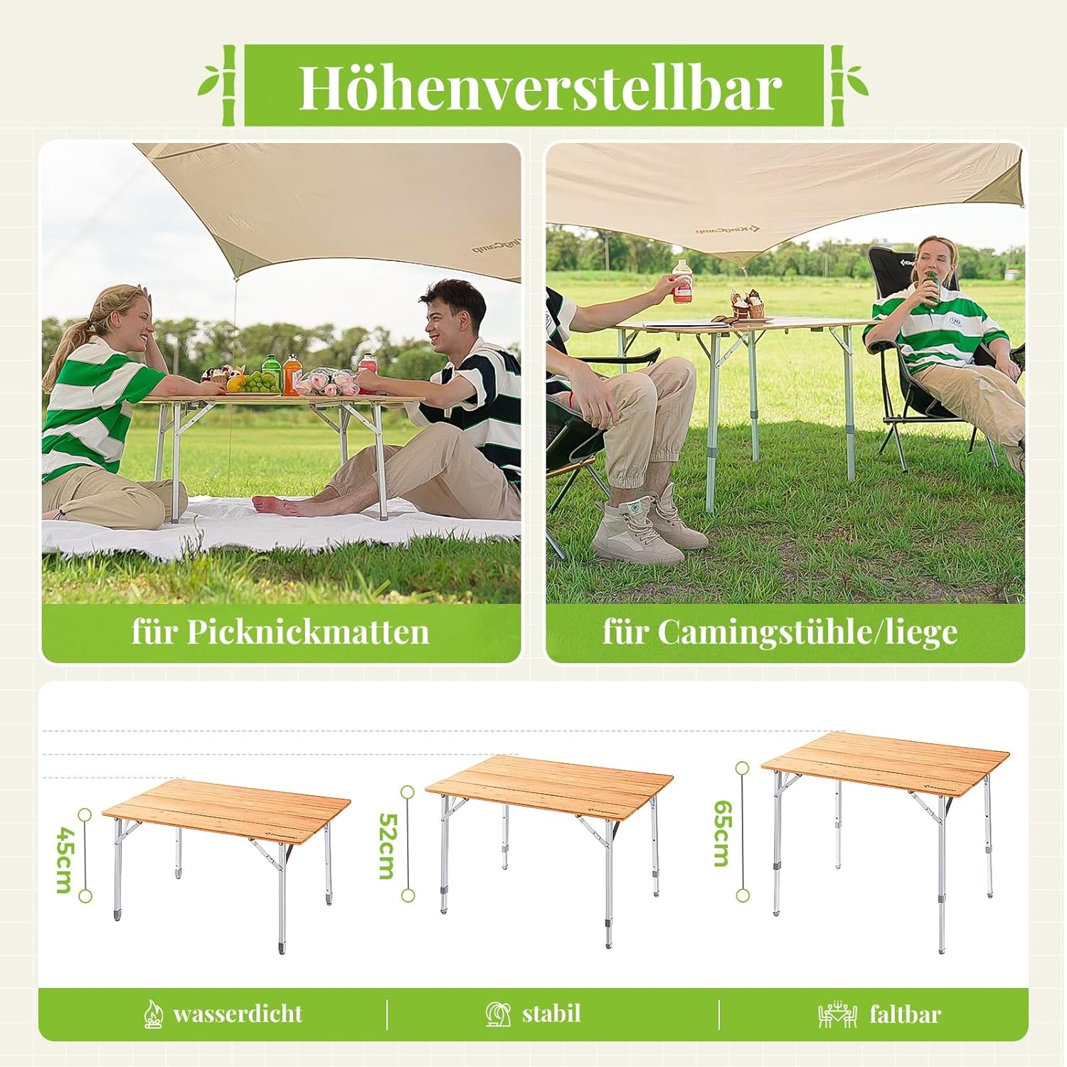 KingCamp Campingtisch Bambus Klapptisch höhenverstellbar (45/52 / 65 cm) für 4-6 Personen Campingtisch klappbar 4 Falten mit Tragetasche belastbar bis 80 kg,100 x 65 cm,L