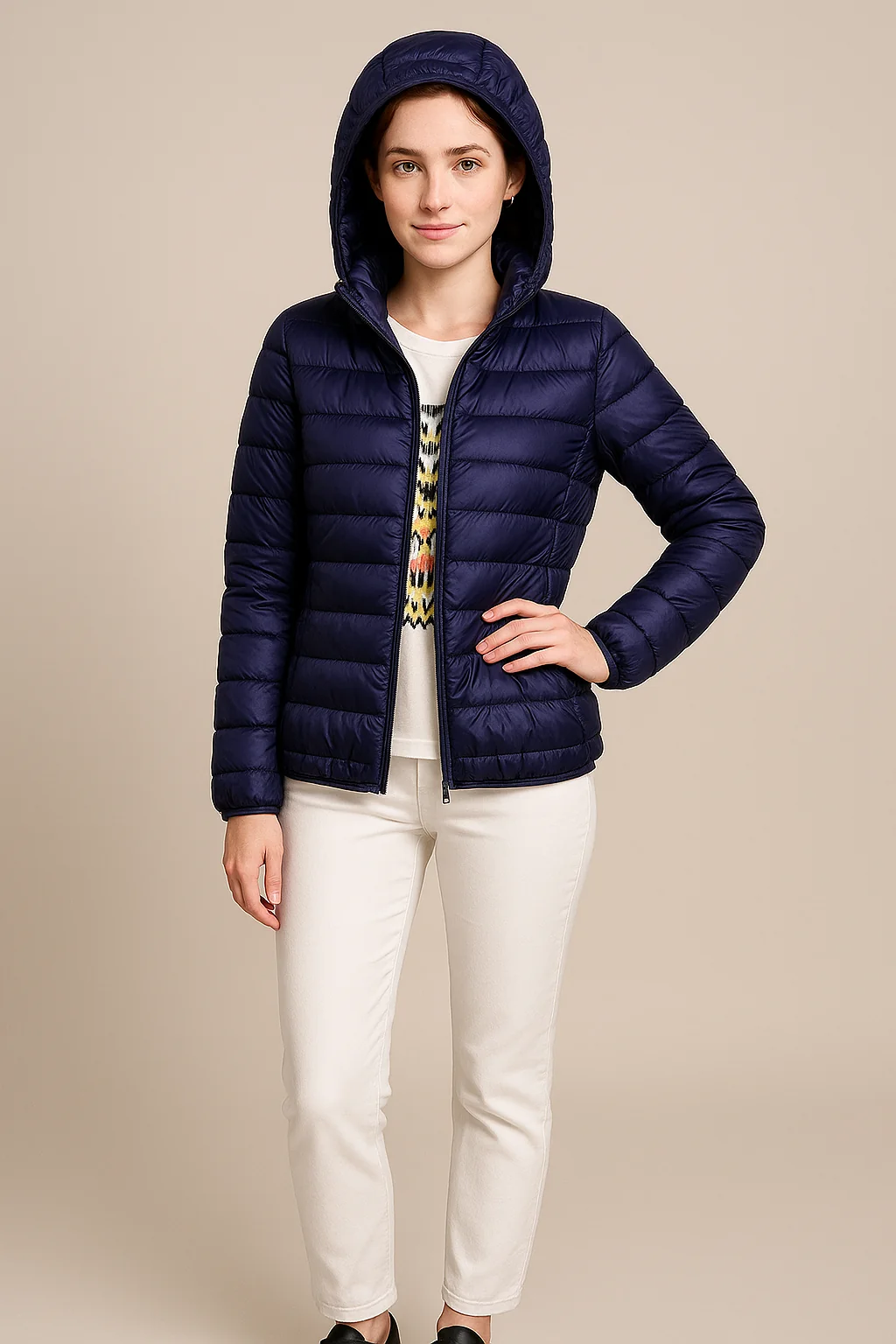 Taillierte, gesteppte Daunenjacke mit Kapuze f��r Damen