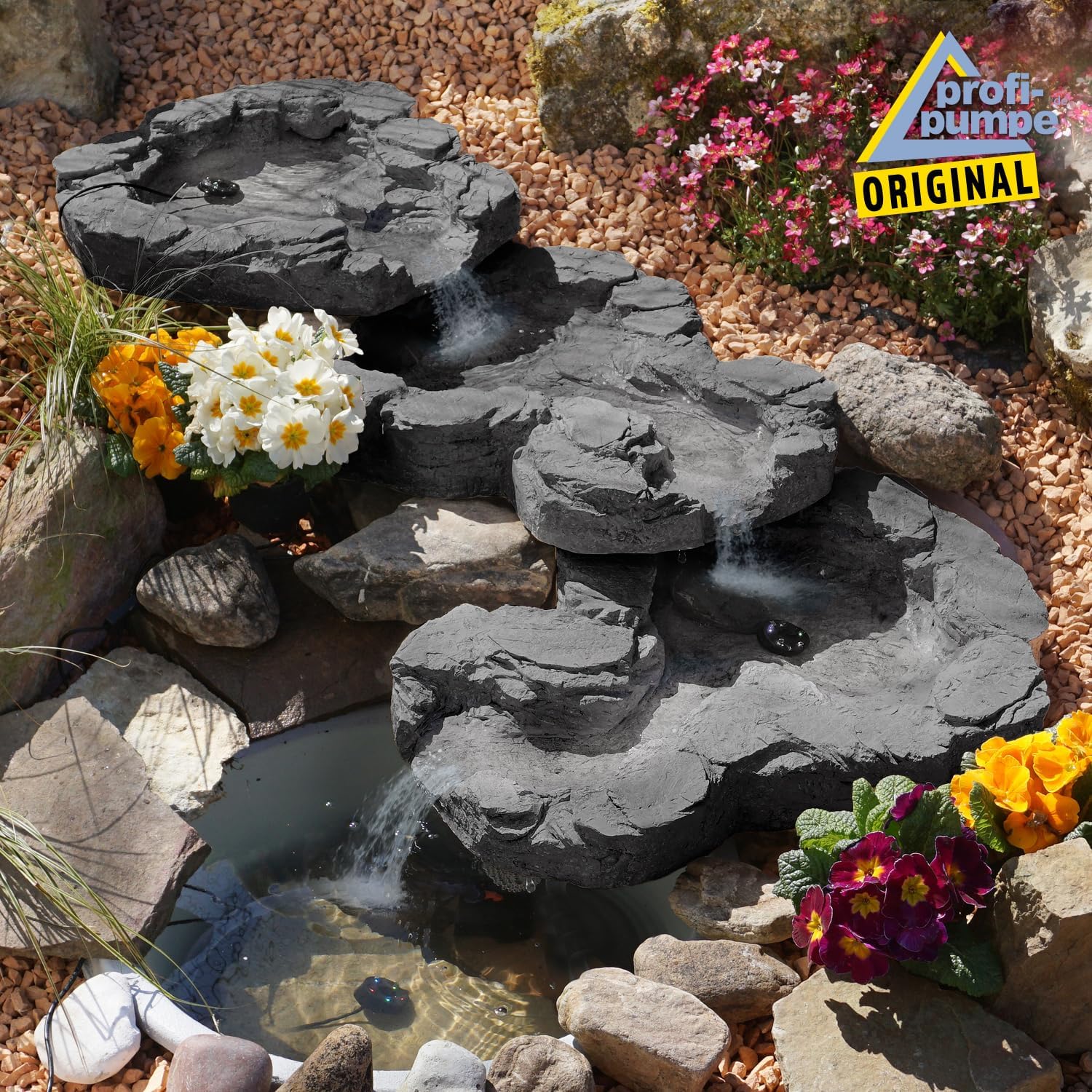 Solar GARTENBRUNNEN Bachlauf QUELLBACH II mit LED-Licht/Hybrid-System, 230V ZIERBRUNNEN VOGELBAD Wasserfall GARTENLEUCHTE TEICHPUMPE - SPRINGBRUNNEN WASSERSPIEL für Garten, Gartenteich, Teich