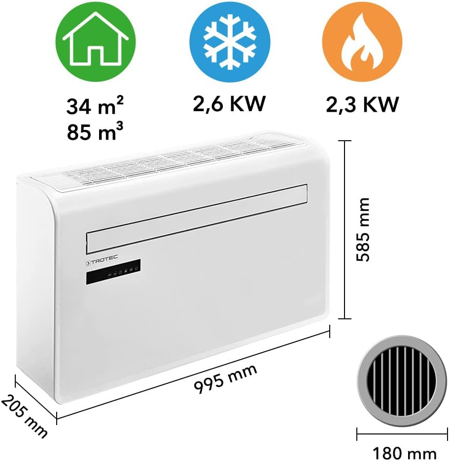 TROTEC Climatiseur mural PAC-W 2650 SH | Climatisation 4 en 1: refroidisseur, chauffage, ventilateur, déshumidificateur | avec intégration WLAN et commande par smartphone