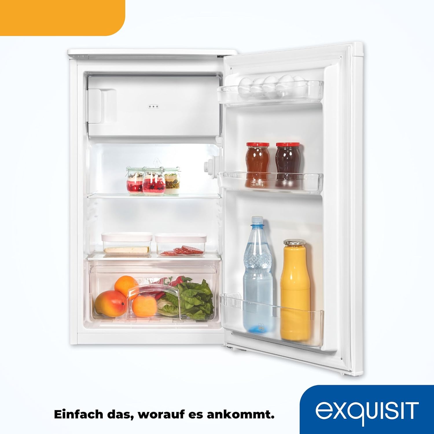 Exquisit Kühlschrank KS117-3-041E weiss | 81 L Volumen | Kühlschrank mit Gefrierfach freistehend | LED | Gemüsefach | Freistehender Kühlschrank mit Gefrierfach