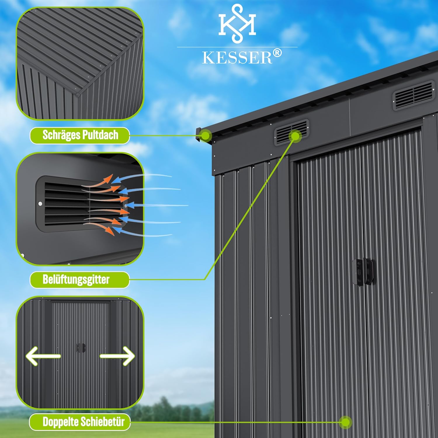 KESSER® - Gerätehaus L Metall 4 m³ mit Fundament | 210x132x186 cm | 2X Schiebetür & Fundament | Geräteschuppen | Gartenhaus Schrank | Pultdach Garten Schuppen, Ink. Arbeitshandschuhe, Anthrazit