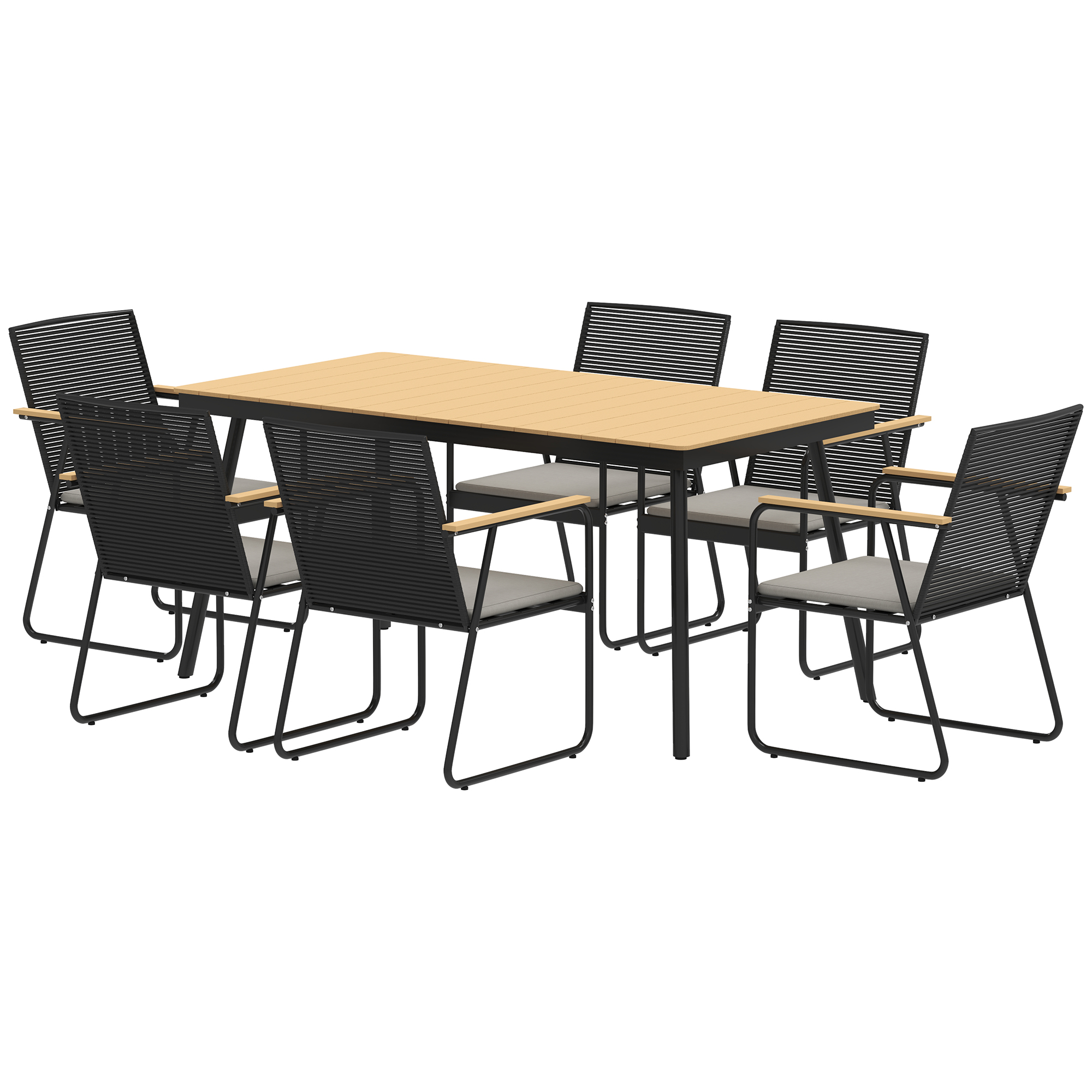 7-delige Tuinset voor 6 Personen - Eettafel met Stoelen in Natuurhout/Zwart