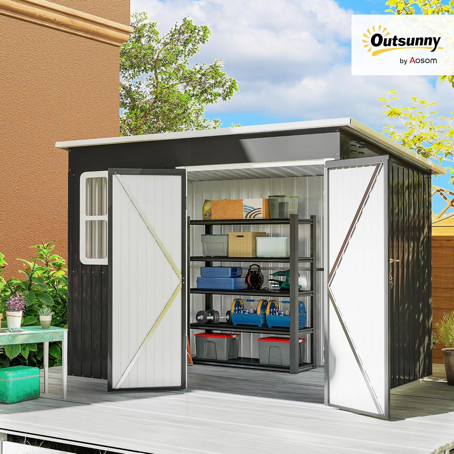 Outsunny Metall Gerätehaus 4,13 m² 260 x 177 x 190 cm Geräteschuppen mit Fenster Pultdach Abschließbarer Tür wetterfest Gartenhaus Outdoor Garten Schuppen Schrank für Hinterhof Außenbereich Dunkelgrau
