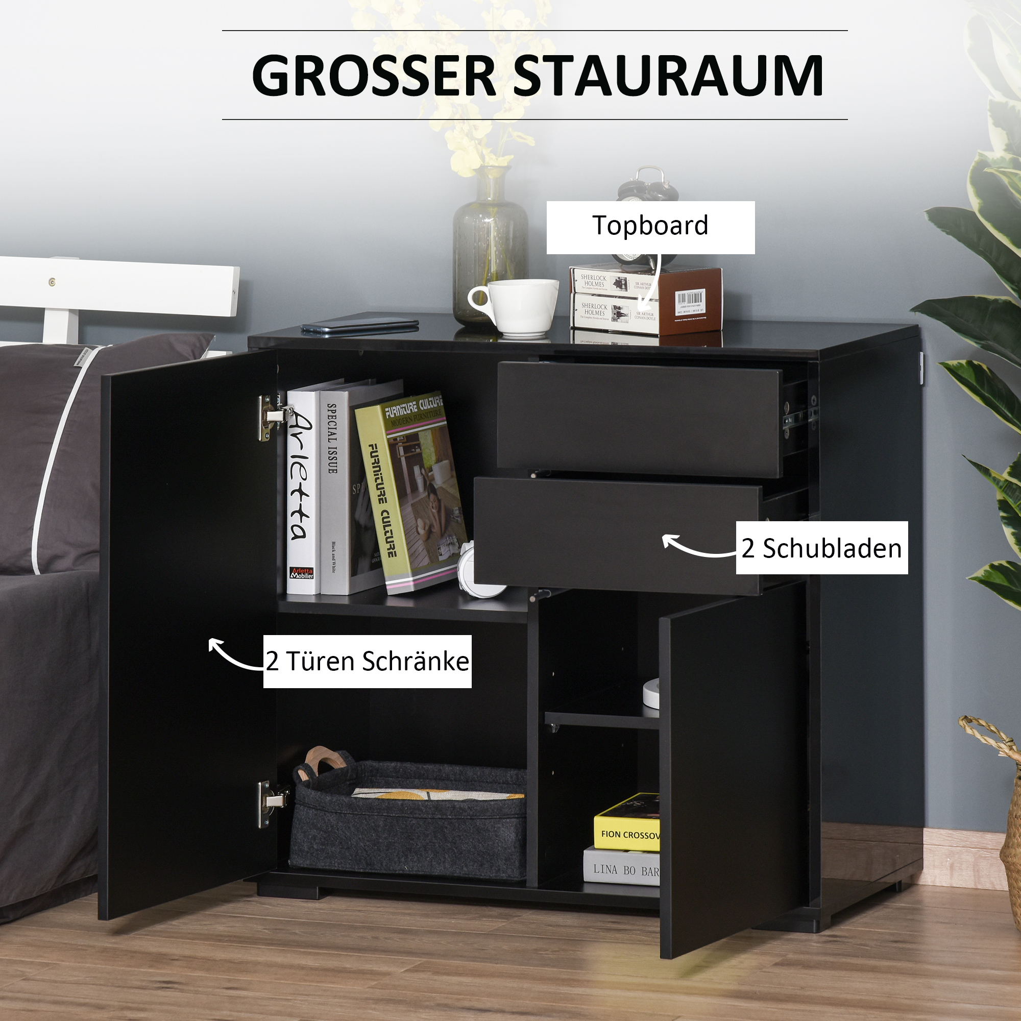 Dressoir Buffetkast, 2 Laden, 2 Kasten, 105 cm x 40 cm x 76 cm, Zwart