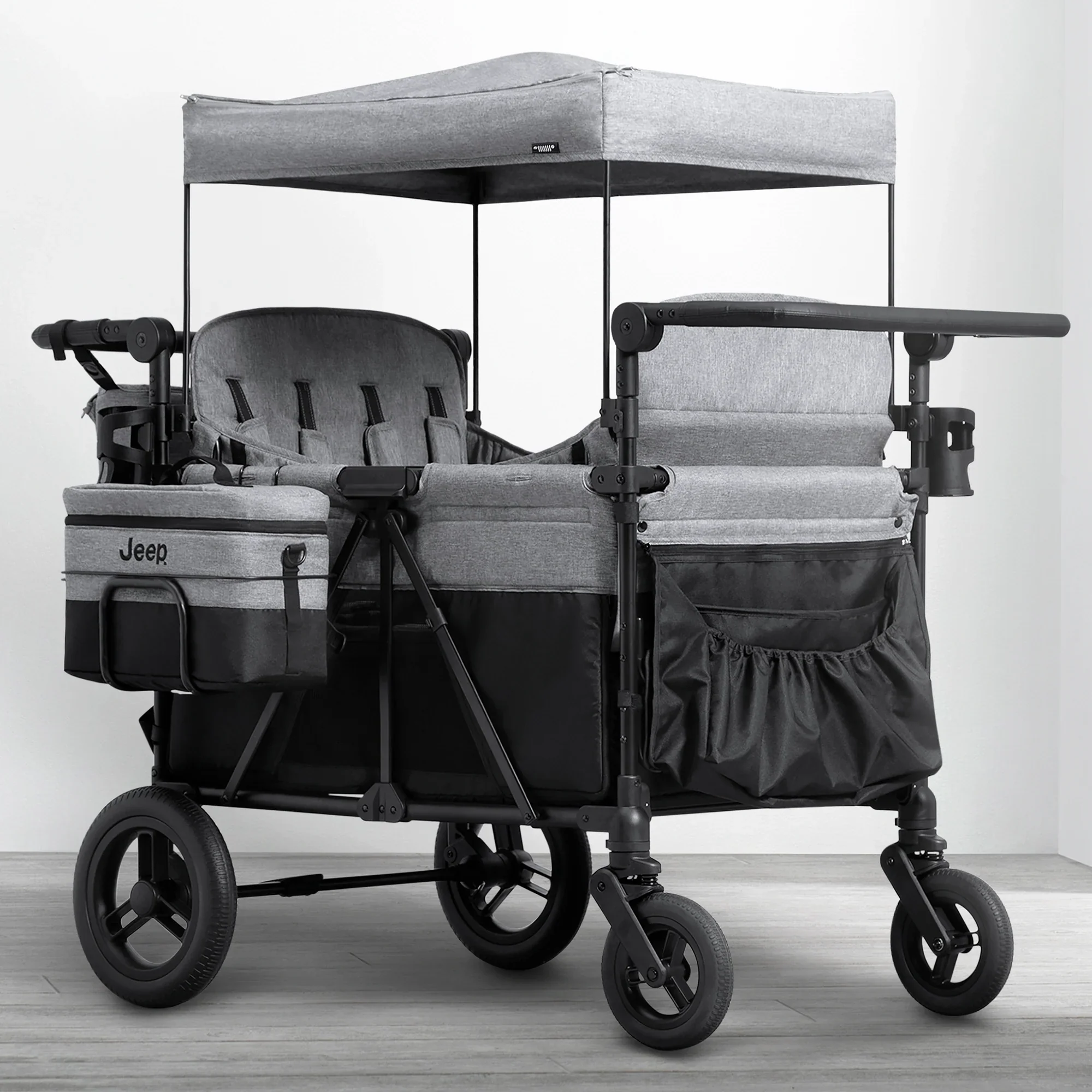 Carrito-Paseador Jeep Wrangler Deluxe para 4 Niños – Capota Desmontable, Bolsa Térmica, Asientos Modulares, Almacenamiento XXL, Ruedas Antipinchazos, Manillares Ajustables