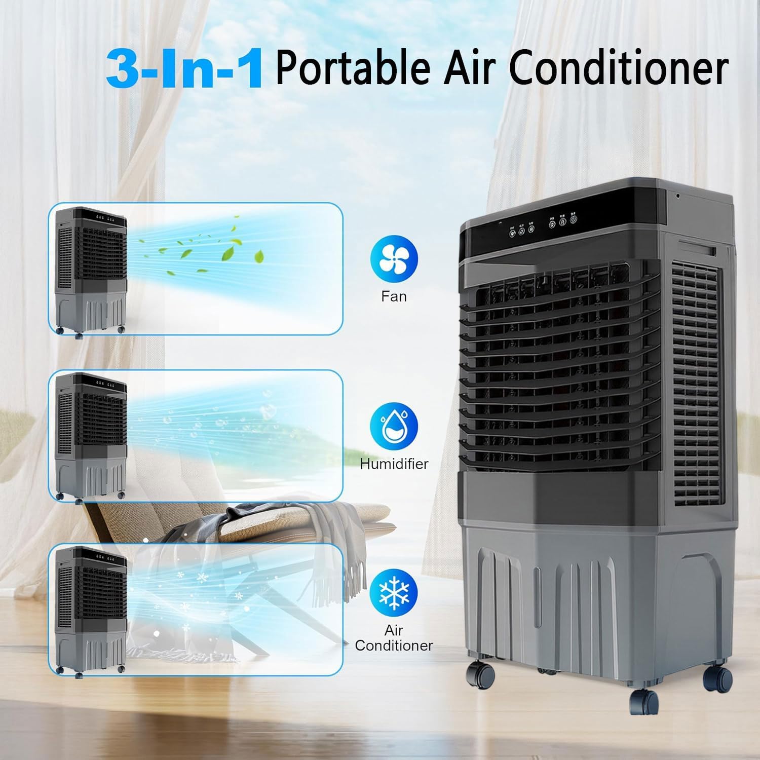 Klimaanlage Mobile Klimagerät mit Wasserkühlung Leise Luftkühler Air Conditioner mit 120°Oszillierend 1-12Timer leiser Betrieb 45L Wassertank Verdunstungskühler für Zimmer Wohnungen