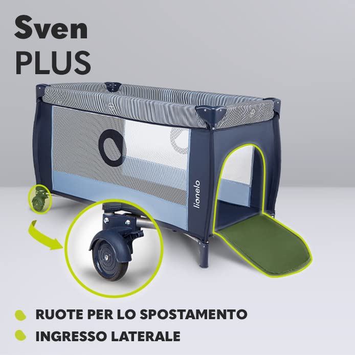lionelo Sven 2in1 Box bambini dalla nascita fino 15kg Lettino pieghevole con Fasciatoio baldacchino Giocattoli Pendenti Ingresso laterale aggiuntivo Sistema LockGuard : Prima infanzia