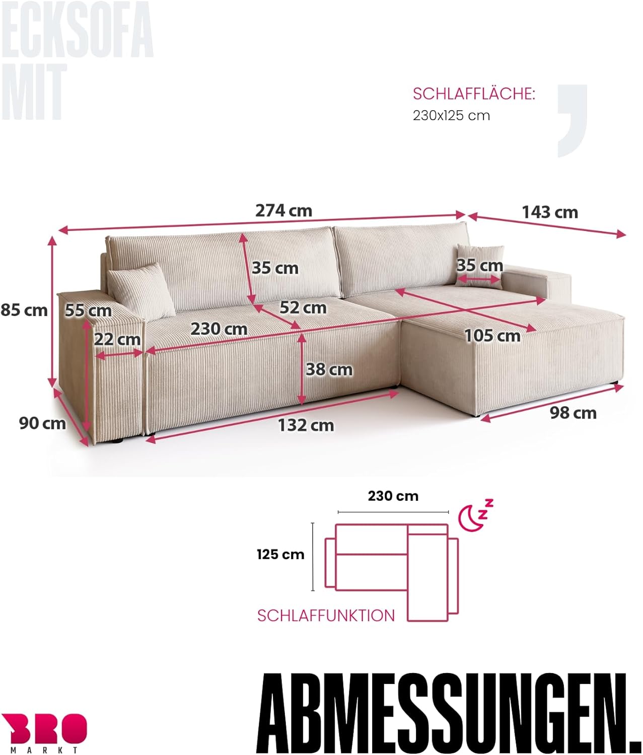 BROMARKT Sofa mit Schlaffunktion Couch L Cordstoff Sofa Bettkasten Schlafsofa für Wohnzimmer Ecksofa freistehend Adi XL Relaxsofa 3 sitzer 272x143x85 cm Vanilla