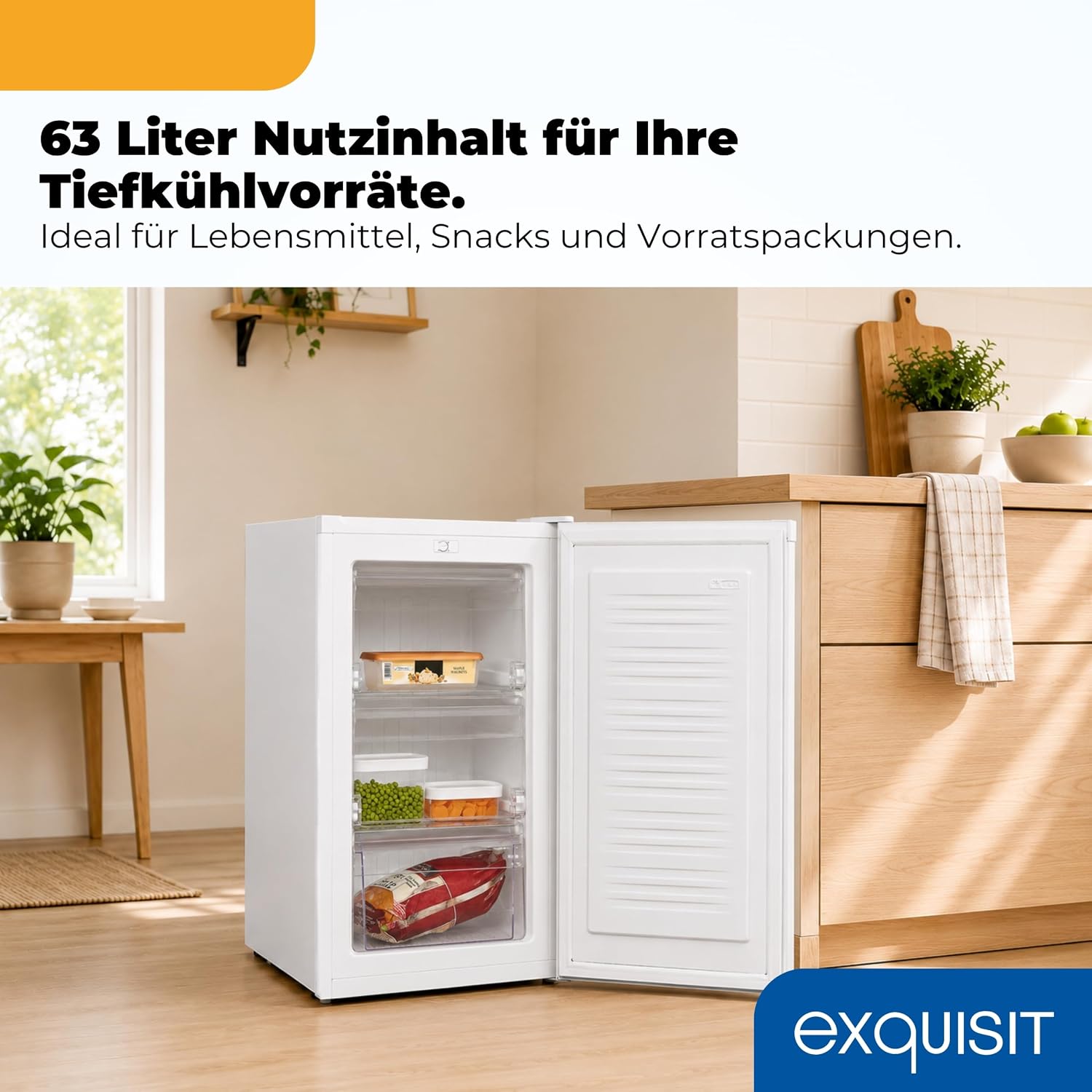 Exquisit Gefrierschrank | 63 l Nutzinhalt, Energieeffizienzklasse E, 39 dB(A) | kompakte Bauform, 4-Sterne-Gefrieren, manuelle Temperaturregelung, wechselbarer Türanschlag | GS5111-330E weiss