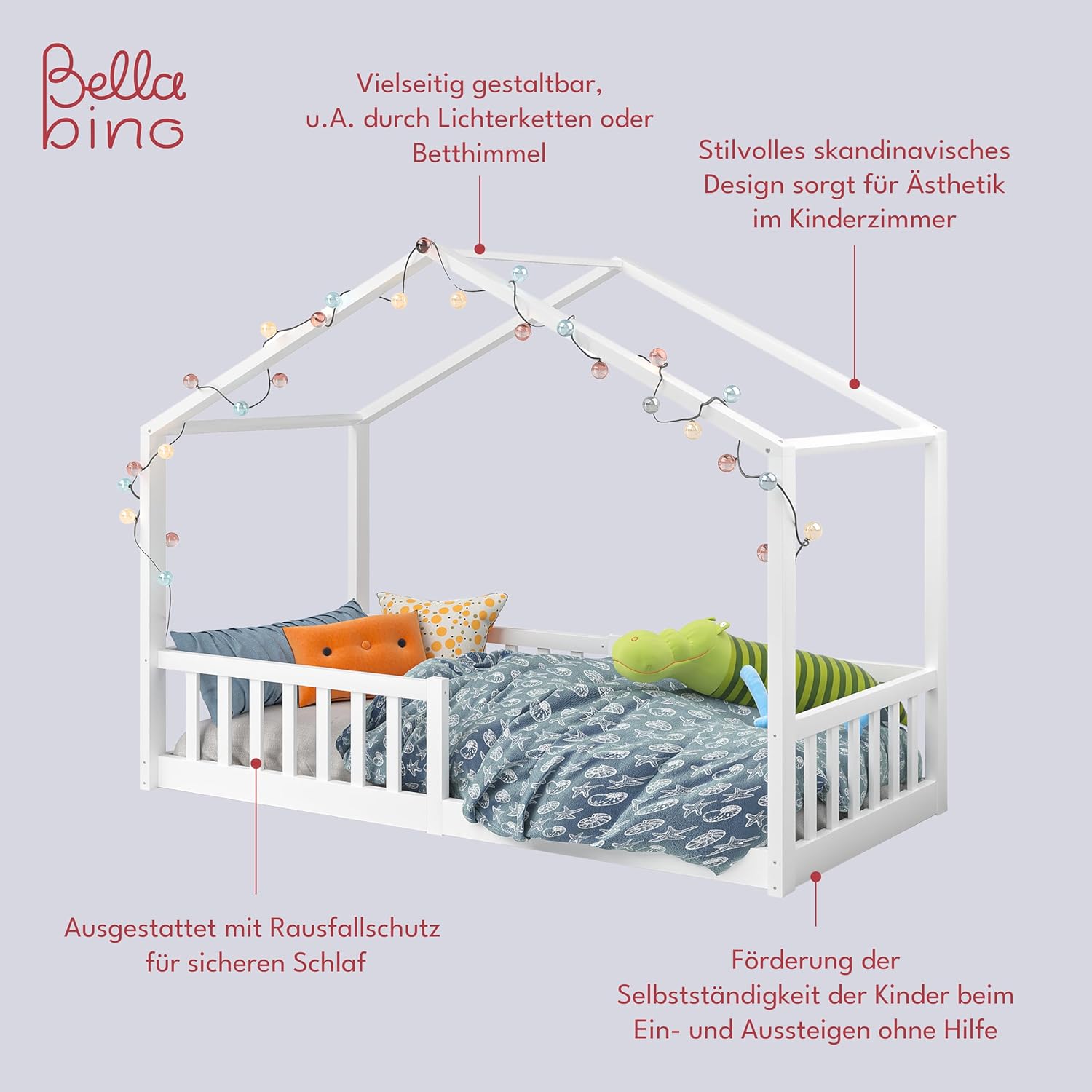 Bellabino Kinderbett Bia 140x200 cm, Hausbett Kinder inkl. Rausfallschutz und Rolllattenrost, Montessori Bodenbett weiß aus Massivholz Kiefer