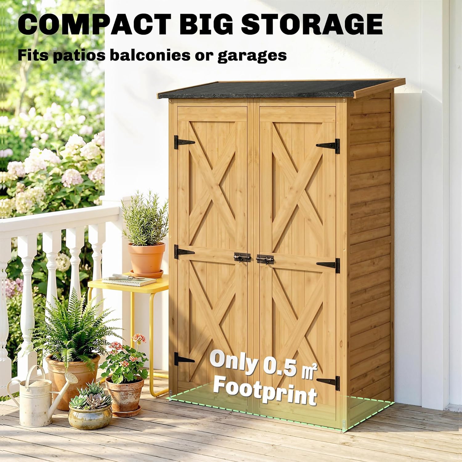 Outsunny Aufbewahrungsschuppen aus Holz, Gartenhaus mit 2 Regalen, Doppeltüren und Riegeln, Werkzeugschrank mit Schrägdach für Terrasse, Garten, Garage, Braun