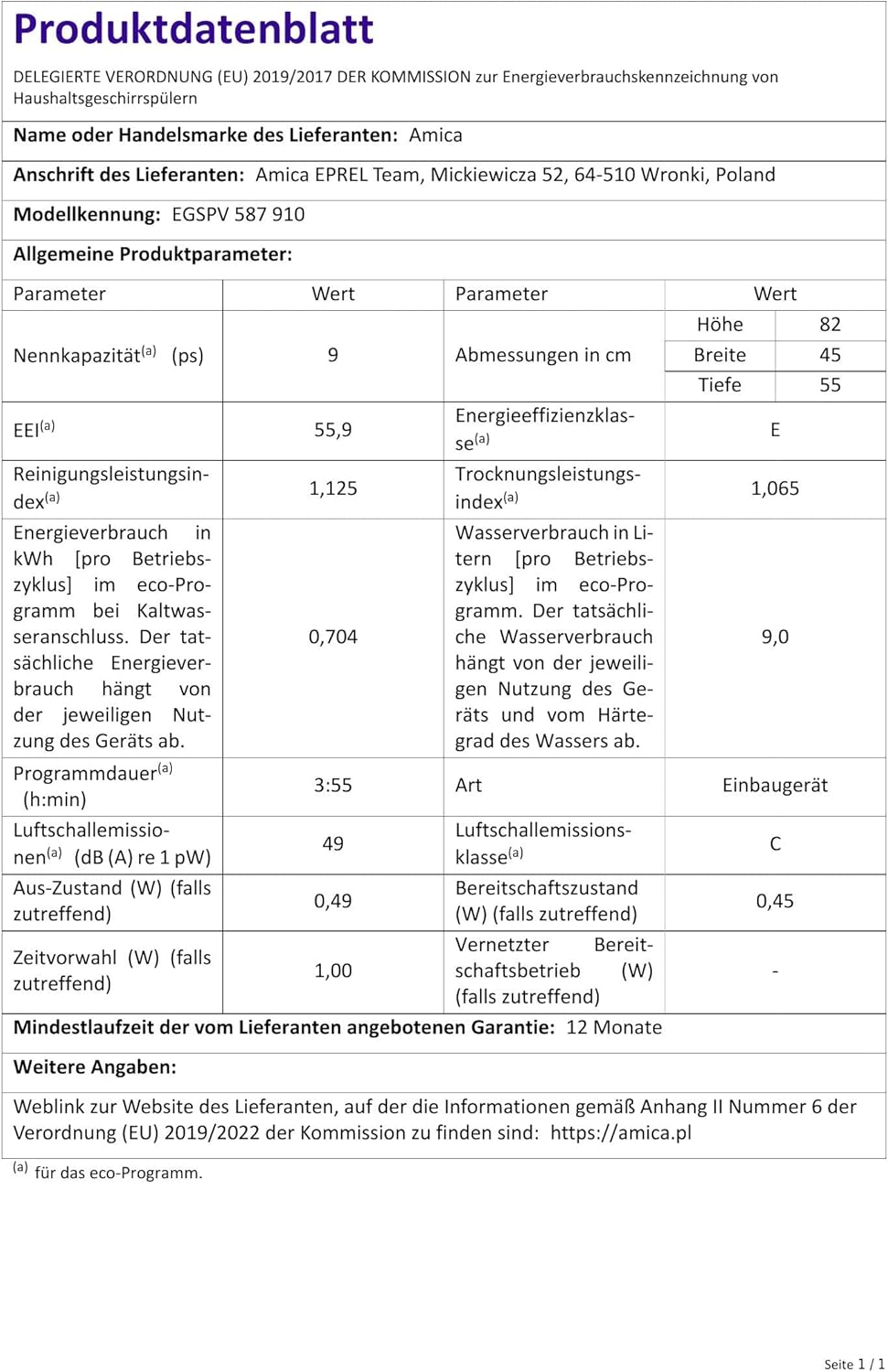 Amica Einbau-Geschirrspüler EGSPV 597 910 / vollintegriert / 60 cm breit / 5 Programme, 12 Maßgedecke/Startzeitvorwahl