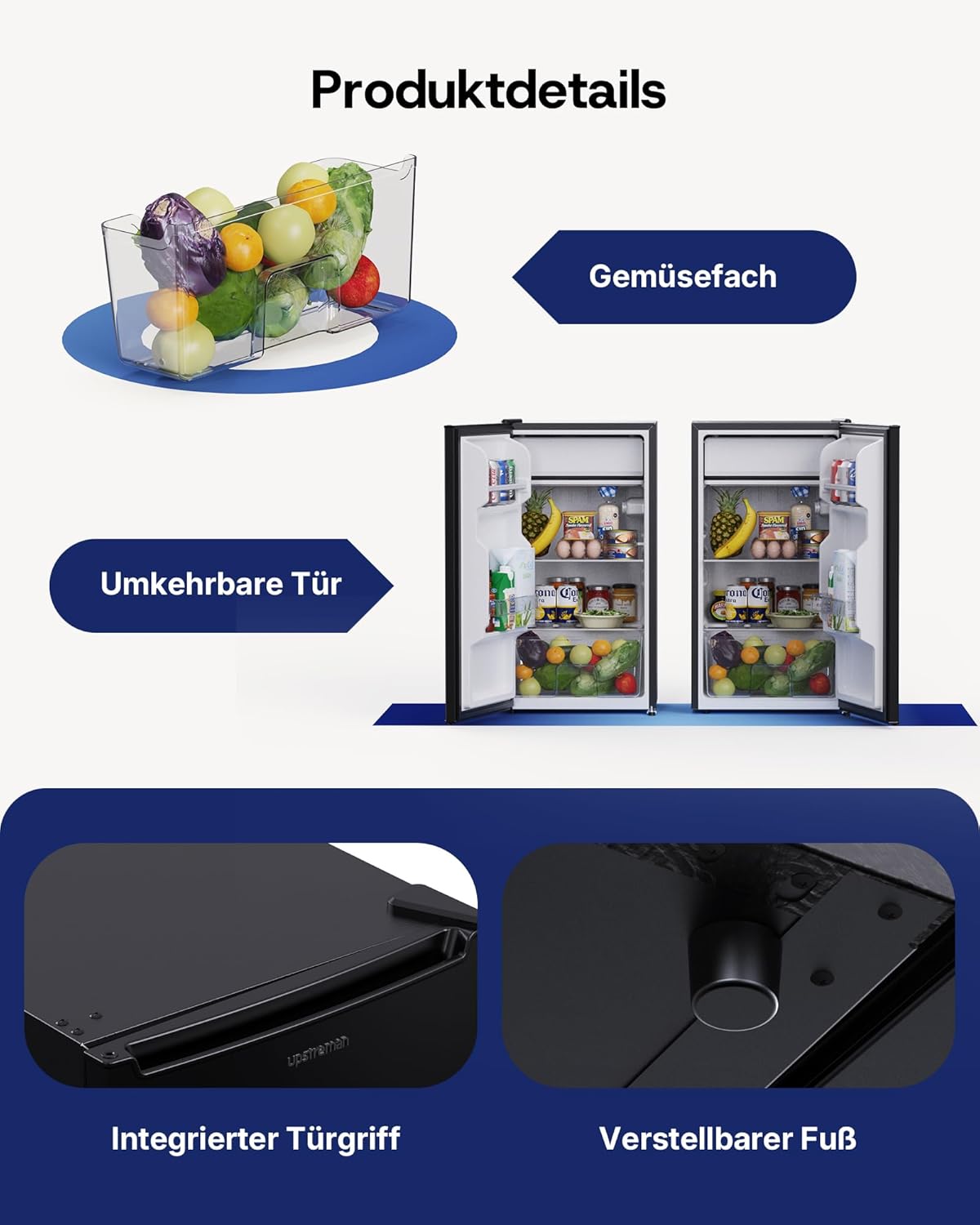 Upstreman 85L Kühlschrank Ohne Gefrierfach, 0-12°C 5-stufige Temperaturregelung, LED-Beleuchtung, 39 dB Leise, Energiesparender Vollraumkühlschrank für Schlafzimmer Büro Küche, CR85-Schwarz