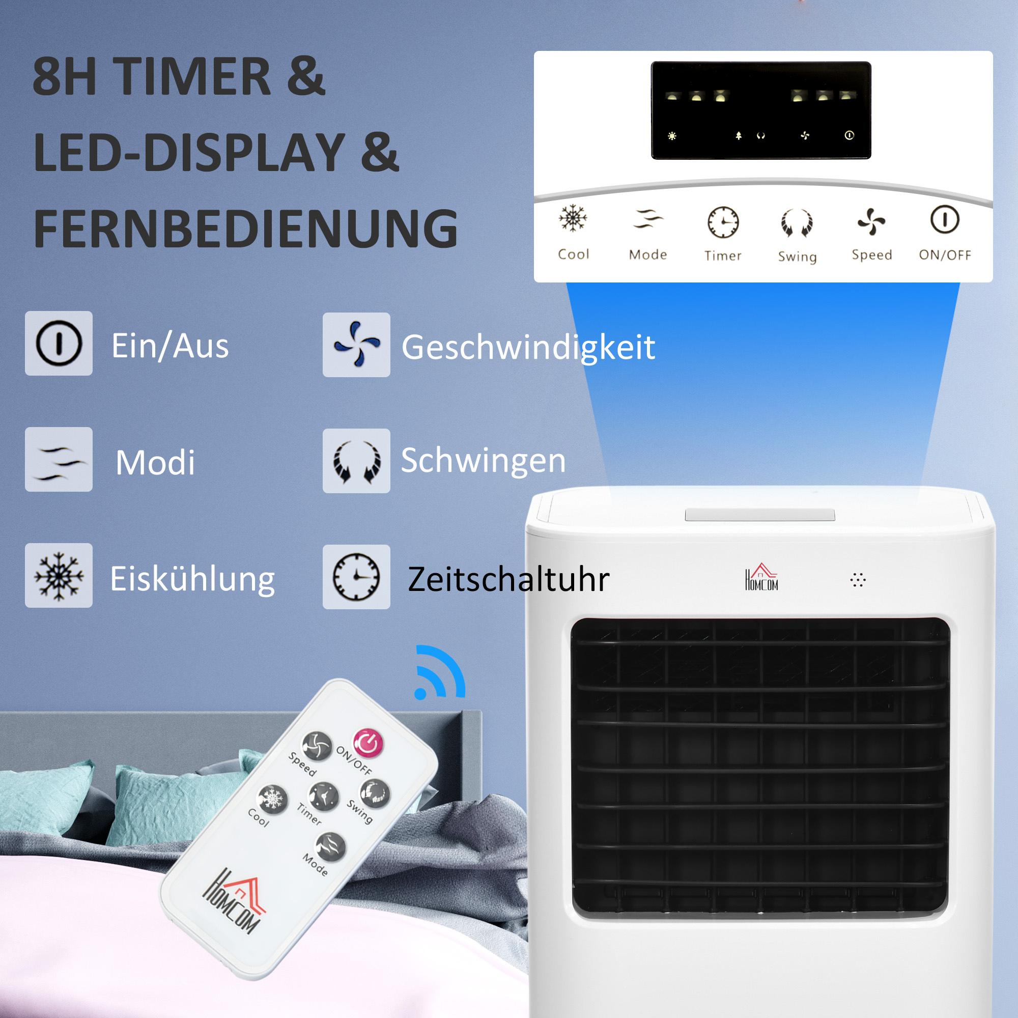 Airconditioner, Luchtkoeler, 3 Modi, Timerfunctie, Verrijdbaar, Kunststof, Wit