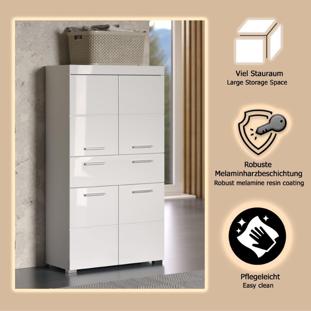 trendteam smart living - Amanda - Hochschrank - Weiß Hochglanz - Badezimmerschrank breit mit 4 höhenverstellbaren Einlegeböden - (BxHxT) 73 x 130 x 31 cm - 4 Fächer und eine große Schublade