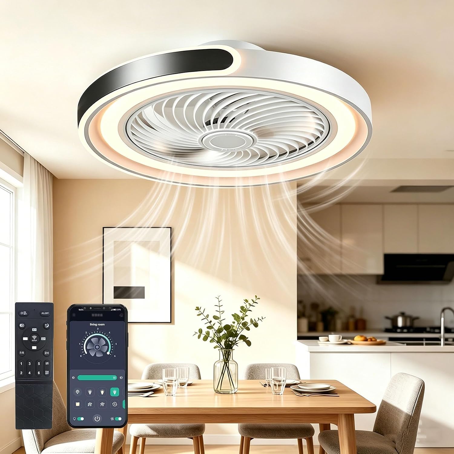 Modernité Rond Ventilateur Plafond Silencieux avec Lumiere,50cm Plafonnier Ventilateur LED Dimmable APP,Minuterie,6 Vitesses,pour Salon Chambre Salle à Manger Cuisine lampe(Black)