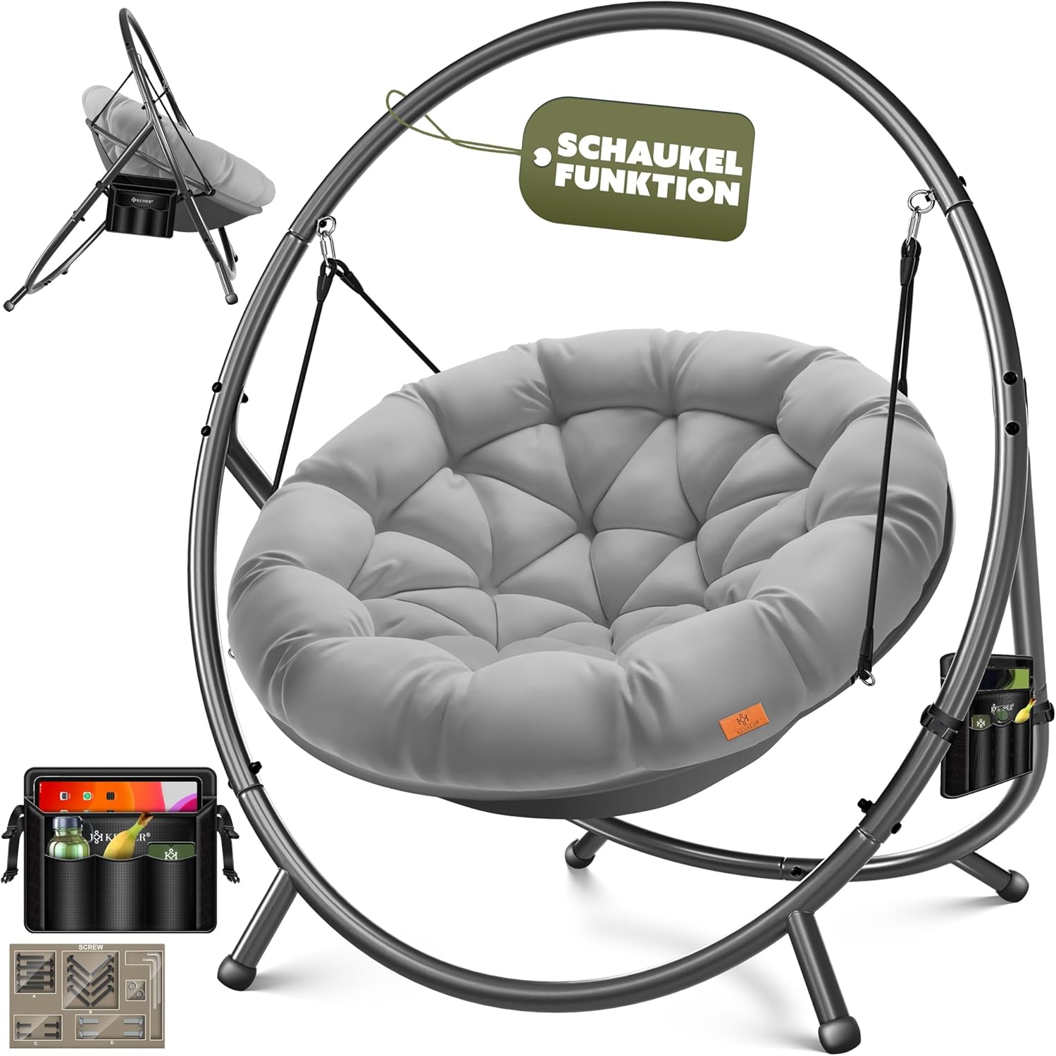 KESSER® Hängesessel mit Gestell Bali Hängeschaukel Hängestuhl bis 150kg für Indoor und Outdoor + Kissen & Seitentasche Hängekorb Stahlgestell & Schaumstoff Sitzpolster