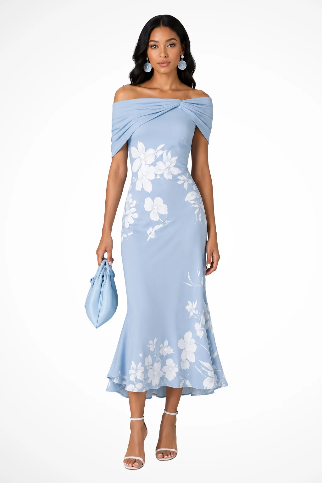 Damen Midikleid Schulterfrei mit Blumenmuster | Elegantes Kleid f��r Hochzeitsg?ste und Sommerfeste | Florales Off-Shoulder Design