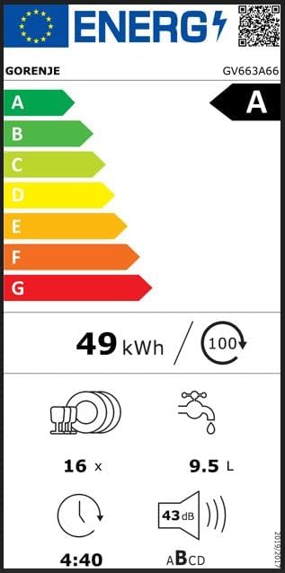Gorenje GV663A66 Geschirrspüler/Einbaugerät FRONT NICHT ENTHALTEN/Made in EU/60 breite/16 Maßgedecke/8 Programme/TotalDry/Nachtprogramm/Status LED Licht/EEK: A-10%/Einbaumaße (HxBxT): 82 x 60 x 55,5cm
