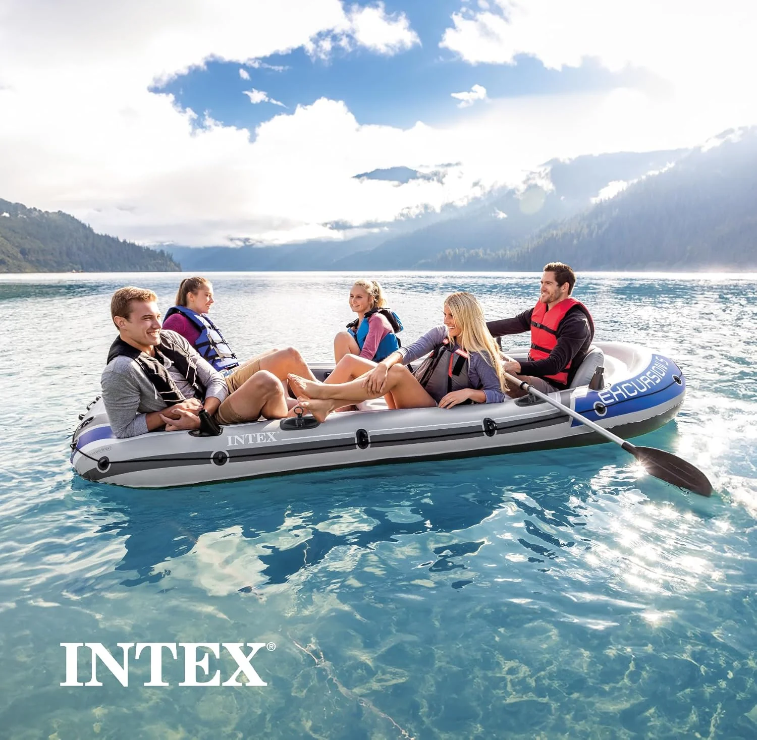INTEX Excursion Inflatable Boat Series: Includes Deluxe 54in Boat Oars and High-Output Pump ?C SuperTough PVC ?C Adjustable Seats with Backrest ?C Fishing Rod Holders ?C Welded Oar Locks