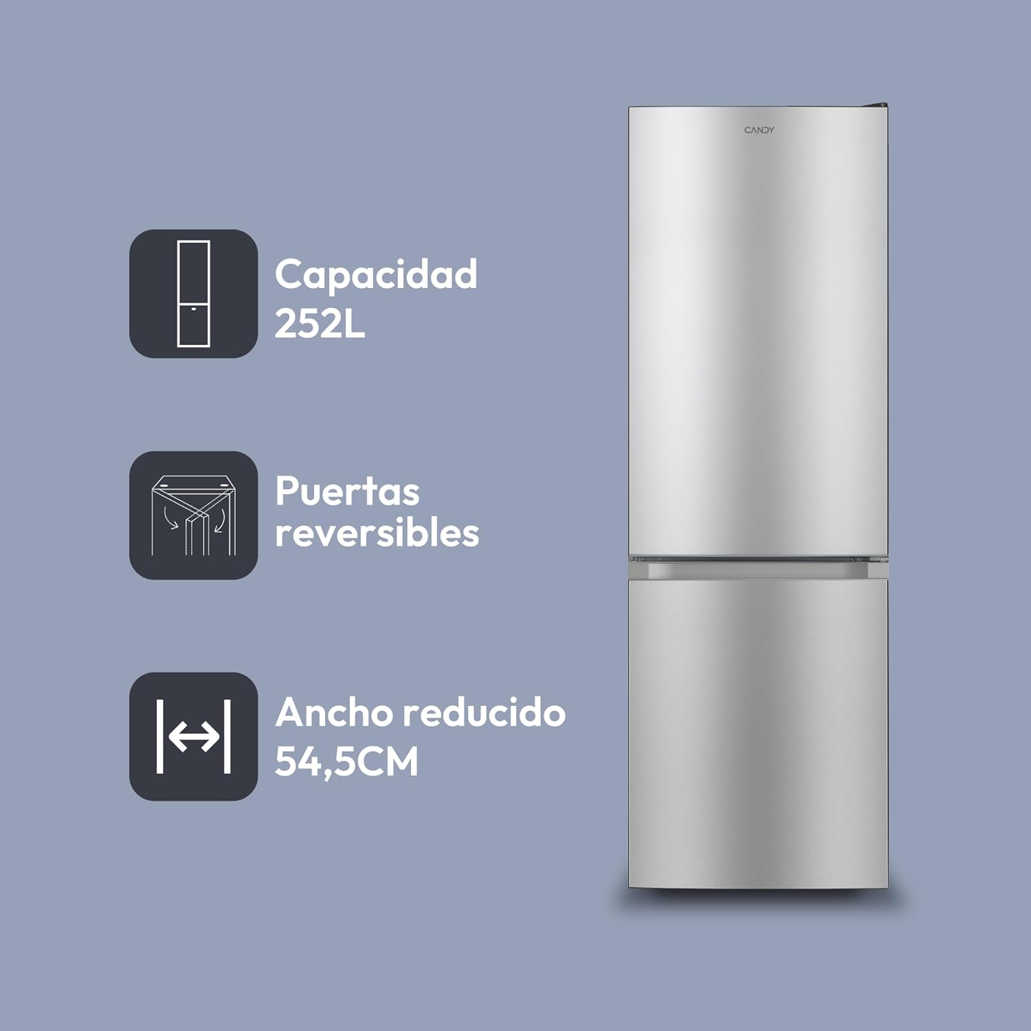 CANDY CCG1S 518EX Frigorífico Combi, Ancho 55cm, Altura 1,80m, Capacidad 252L, Cajón Verdulero, Control Mecánico de la temperatura, Iluminación LED, Puerta Reversible, 41DB, Inox