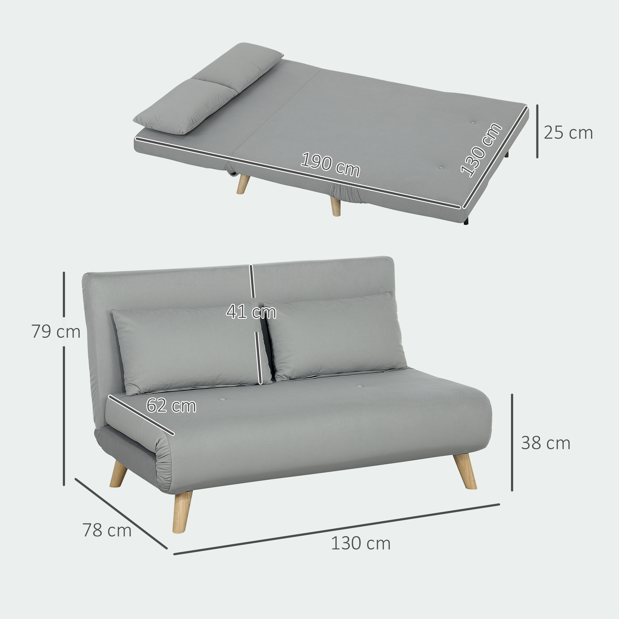 Slaapbank Relaxbank Bank Sofa, incl. 2 Kussens, Fluweel Look, 130 x 78 x 79 cm, Lichtgrijs