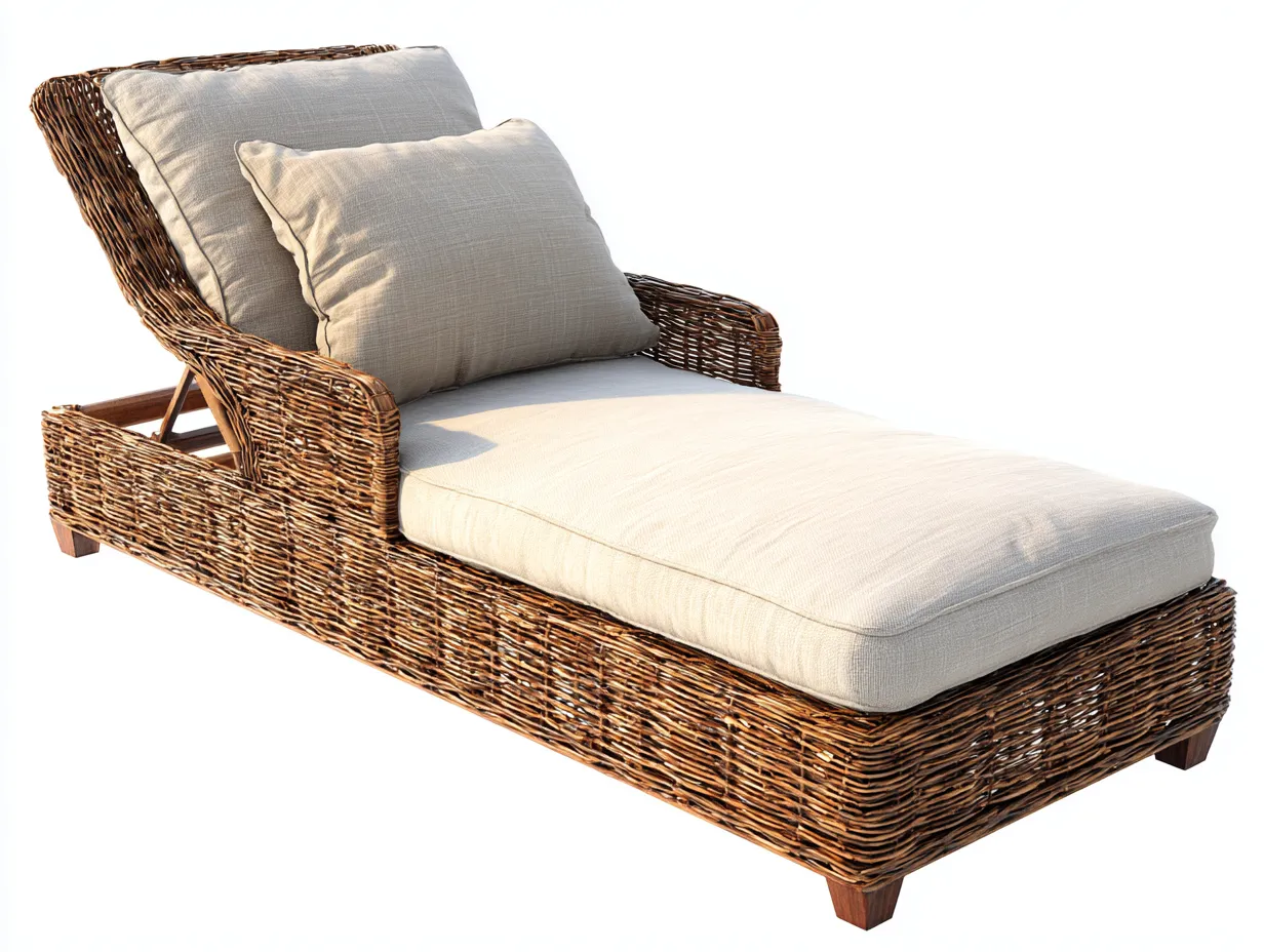 Sonnenliege-Rattan-Holz-Stoff-202 x 74 x 91 cm-Beige-Natur-Moderner Outdoor-Stil