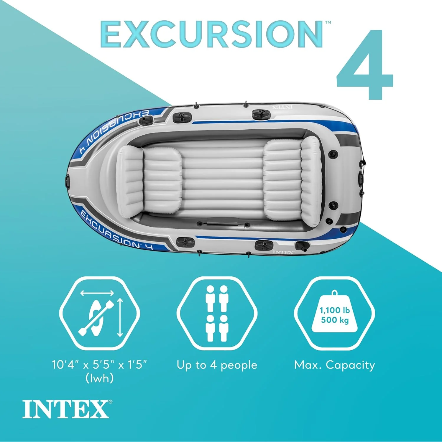 INTEX Excursion Inflatable Boat Series: Includes Deluxe 54in Boat Oars and High-Output Pump ?C SuperTough PVC ?C Adjustable Seats with Backrest ?C Fishing Rod Holders ?C Welded Oar Locks