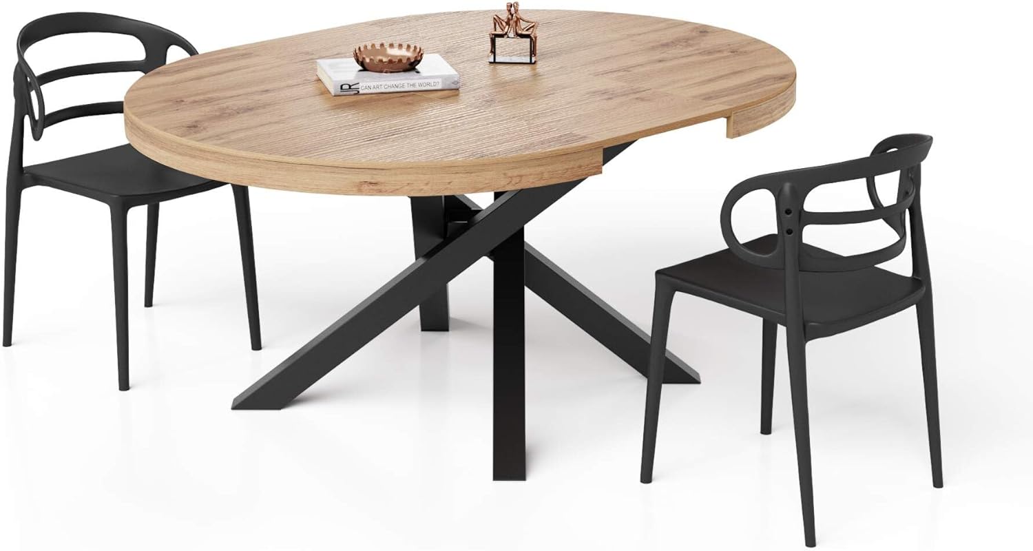 MOBILI FIVER, Runder ausziehbarer Tisch Emma, 120-160 cm, Rustikale Eiche mit gekreuzten Schwarzen Beinen, Made In Italy
