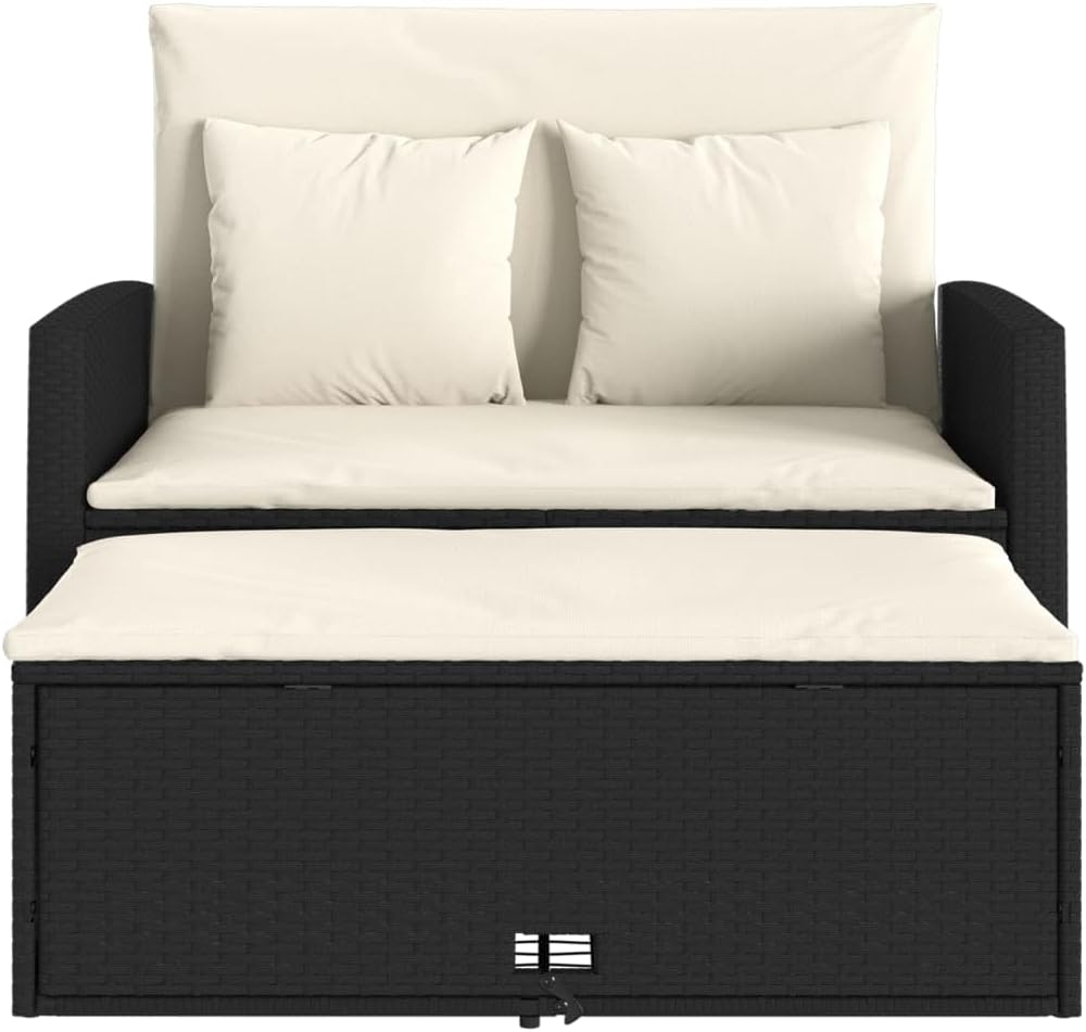 vidaXL Gartensofa 2-Sitzer, Outdoor Sofa mit Hocker mit Staufach, Gartenmöbel mit Kissen, Gartensessel Gartenbank, Schwarz Poly Rattan VC9087349