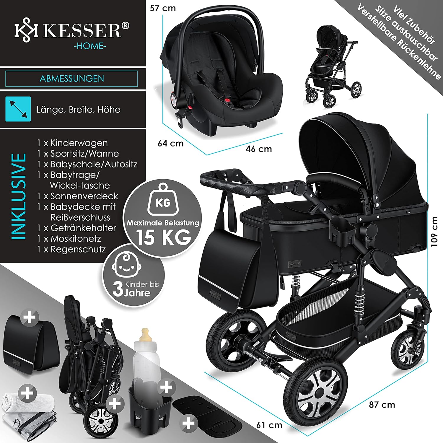 KESSER® Loops 3 in 1 Kinderwagen Kombikinderwagen Komplett-Set inkl. Babywanne & Buggy Sportsitz & Auto-Babyschale Voll-Gummireifen Wickeltasche Regenschutz Kindertisch ECE R129, Schwarz/Champagne