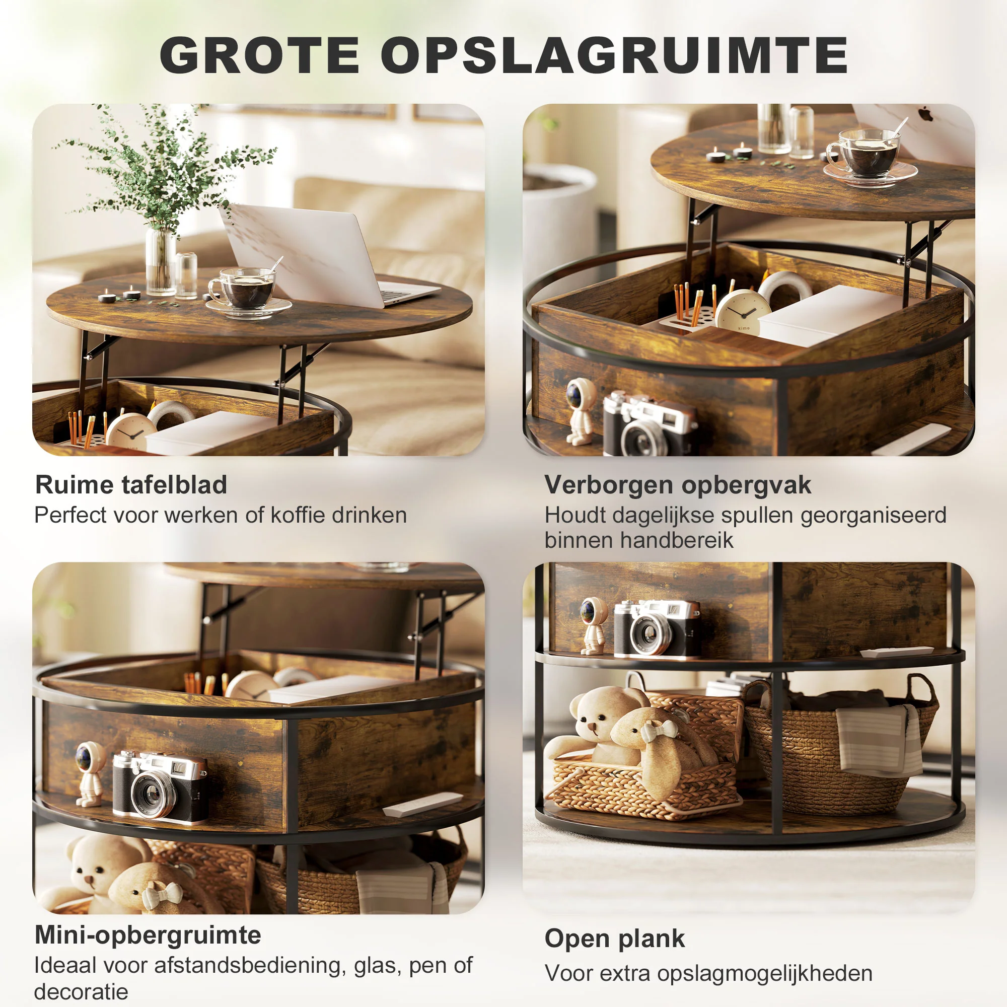 HOMCOM Ronde Koffietafel met Ophefbaar Tafelblad, Opbergruimte, Zijvakken, Stalen Frame, Salontafel, Bruin