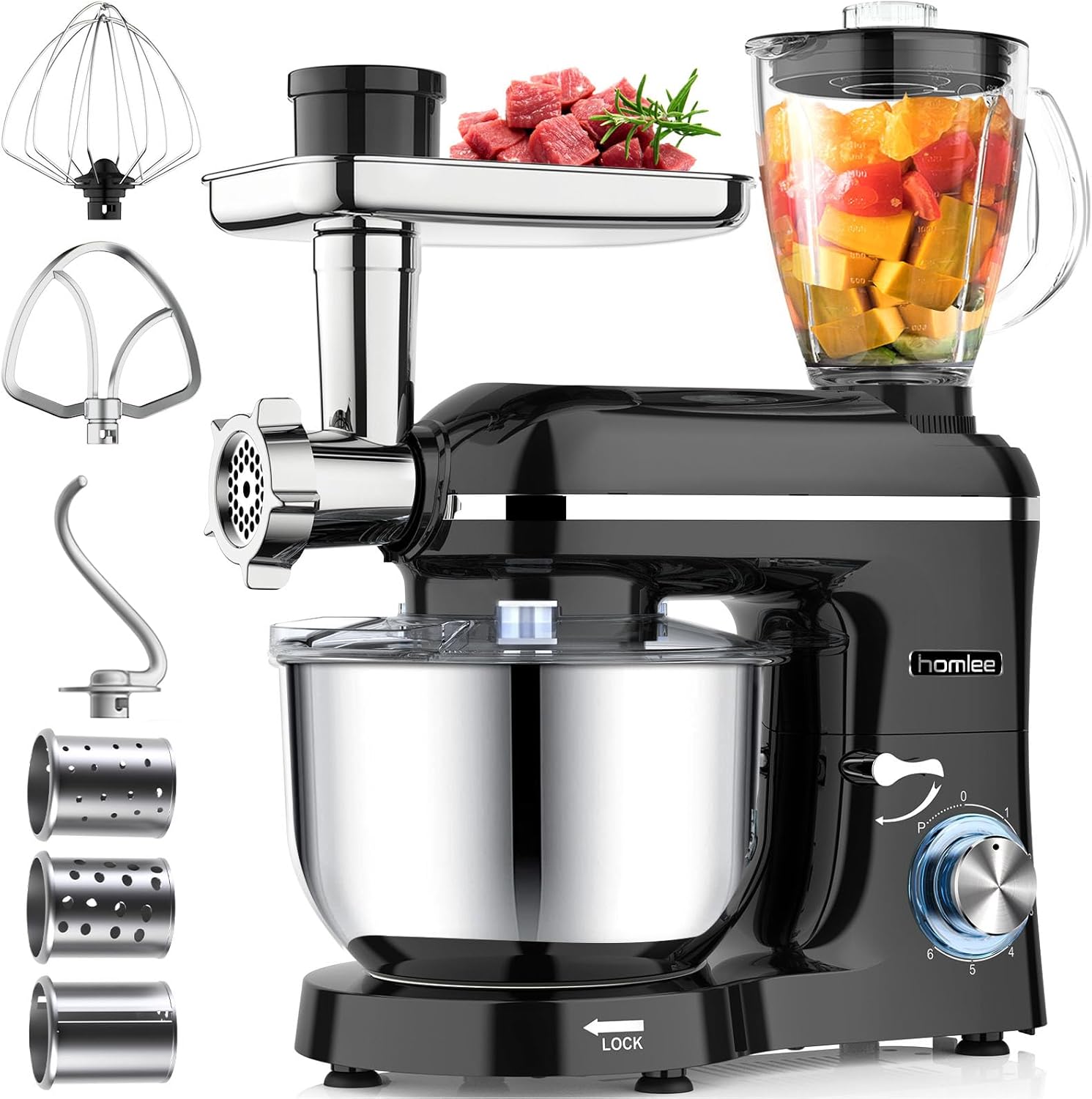 Homlee 3 in 1 Küchenmaschine 1800W Multifunktionale Knetmaschine 6-stufige Gescheindigkeit Mixer, mit Fleischwolf, 1.5L Saftpresse, 5.5L Edelstahlschüssel Teigmaschin