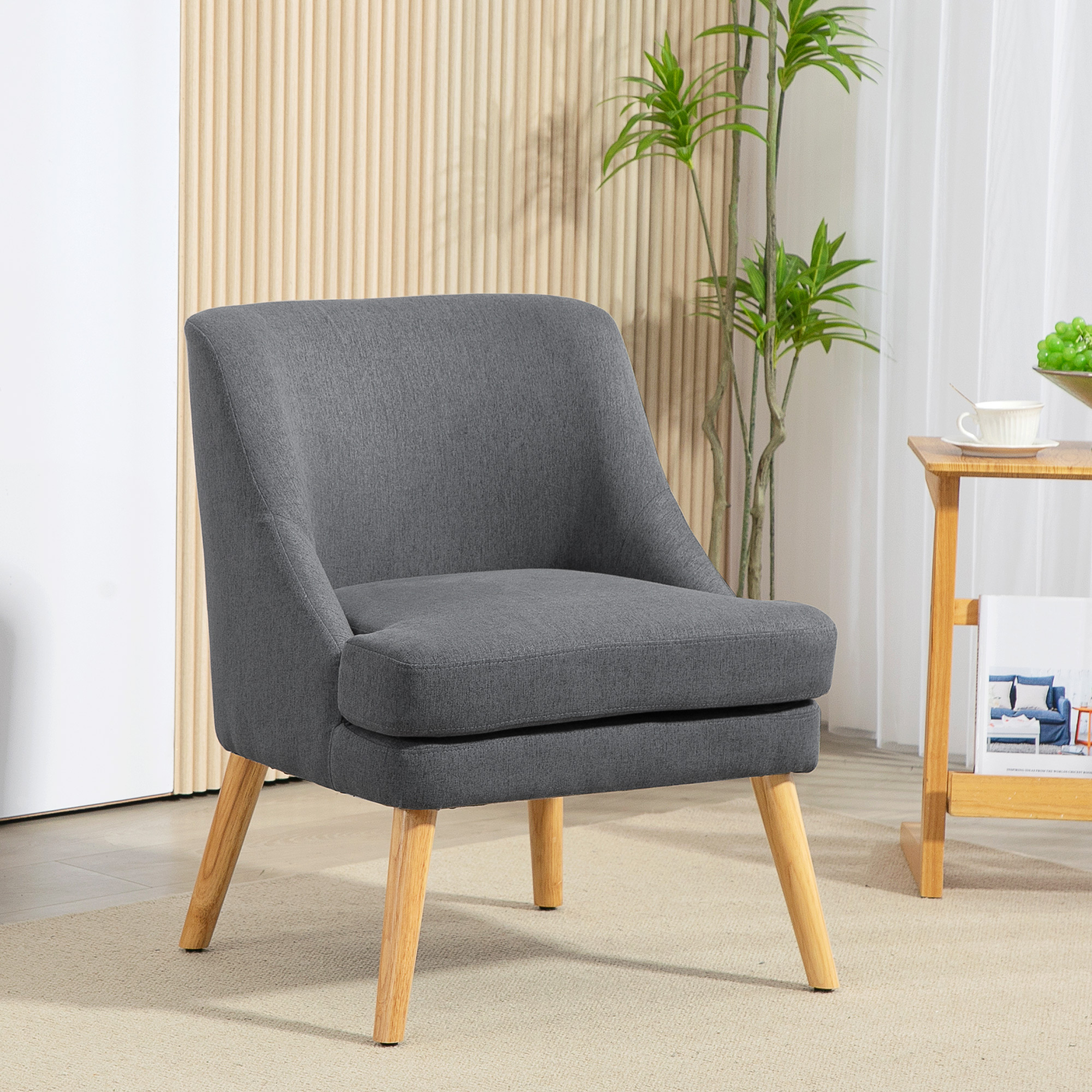 Accentstoel in Scandinavische stijl, fluweel, 25D-schuim, Hevea-houten poten, Beige, 63x69x79,5 cm