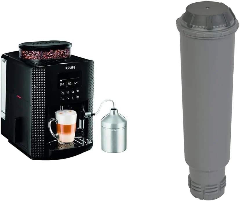 Krups Essential Kaffeevollautomat mit Milchschlauch, 2-Tassen-Funktion, LCD-Display, Einfache Reinigung, Kaffeemaschine, T��V-Siegel, Schwarz, EA816031