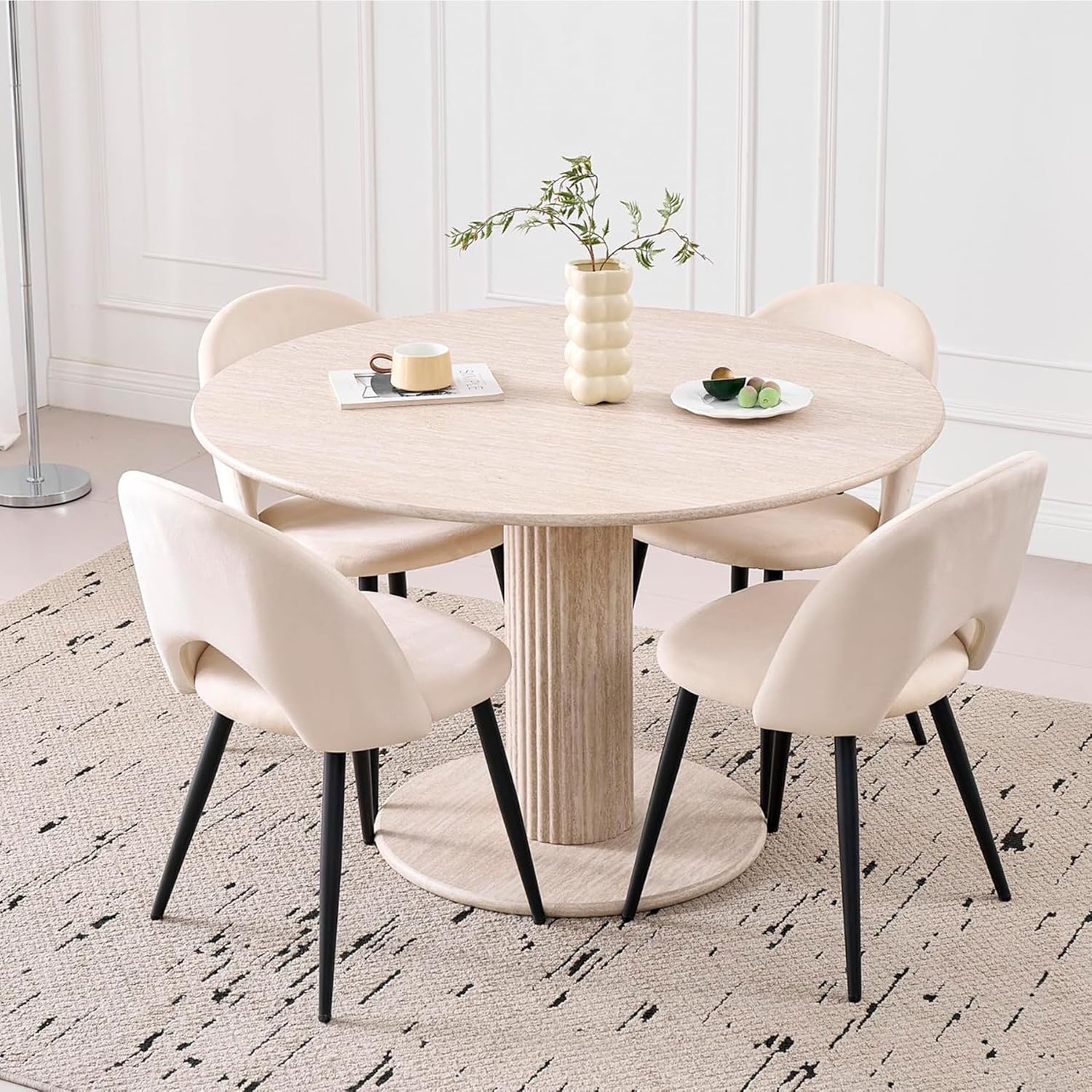 115cm Runder Esstisch mit 4 Esstischstühlen, Küchentisch aus MDF (Travertin-Maserung) und 4 Stühle für Küche, Esszimmer, Wohnzimmer und Büro (Beige)