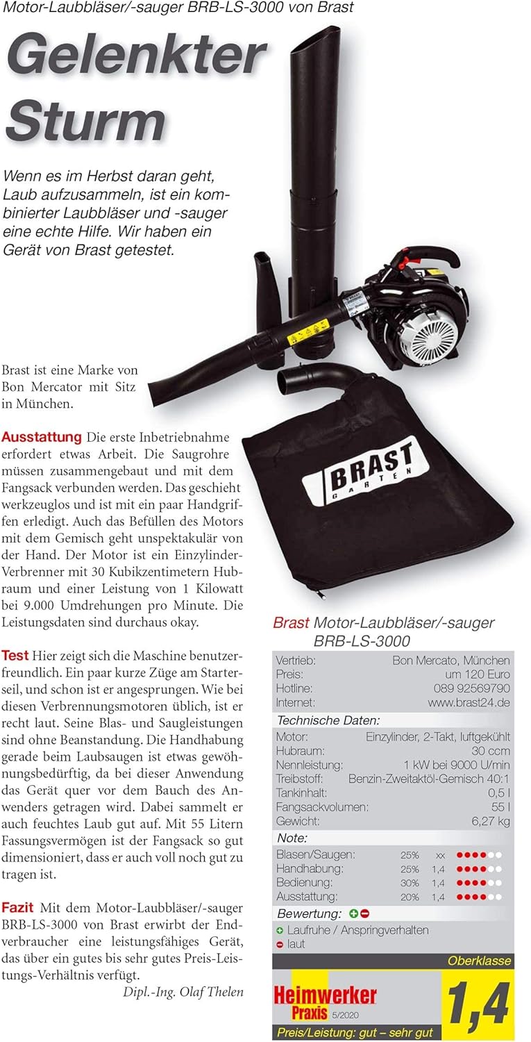 BRAST® Laubsauger Laubbläser Benzin 1,0kW(1,36PS) | 55L Fangsack | inkl. 2 Blasrohre, Schultergurt & Anti-Vibrationsgriff | 4in1 Funktion | Blasgeschwindigkeit 73 m/s