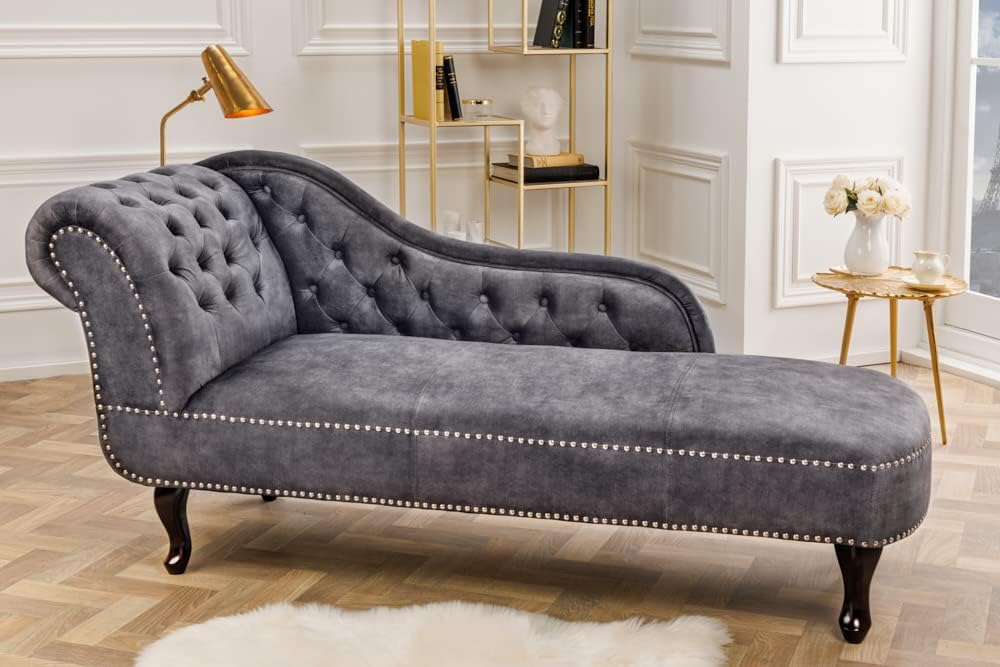 riess-ambiente.de Chesterfield Récamière 170cm grau strukturiertes Samt mit Knopfheftung und Nietenbesatz