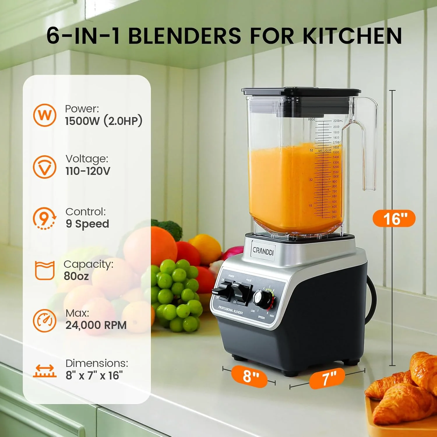 CRANDDI Professional Commercial Blender, Max 1500W, 80oz Pitcher, Powerful Blender