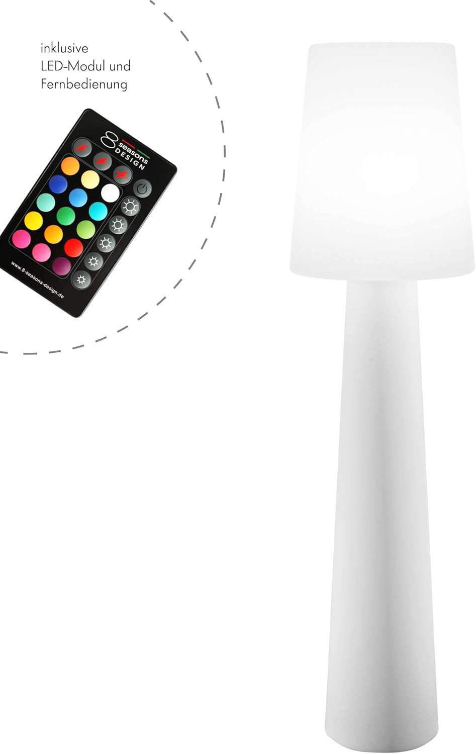 8 seasons design LED Stehlampe No. 1-160cm groß (Weiß), E27, RGB Farbwechsel, dimmbar, Fernbedienung – wetterfest – Stehleuchte für innen & außen (Garten, Terrasse) - robust und langlebig