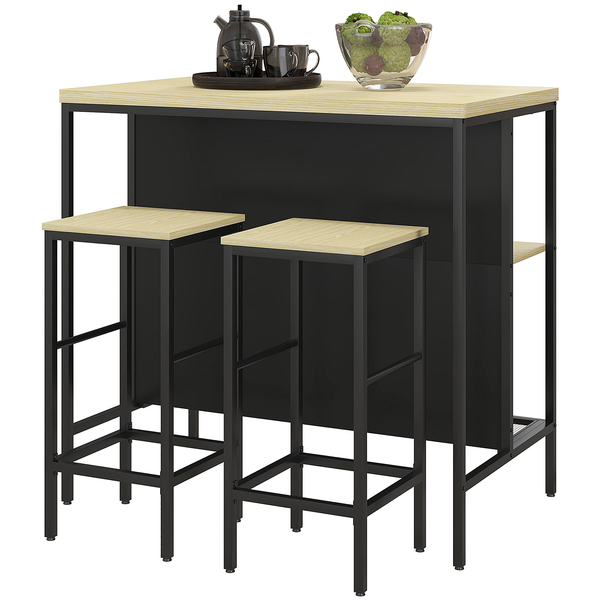 Barset, 2 Barkrukken & 1 Bartafel, vlekbestendig, stabiel, Staalframe, Zwart/Eik
