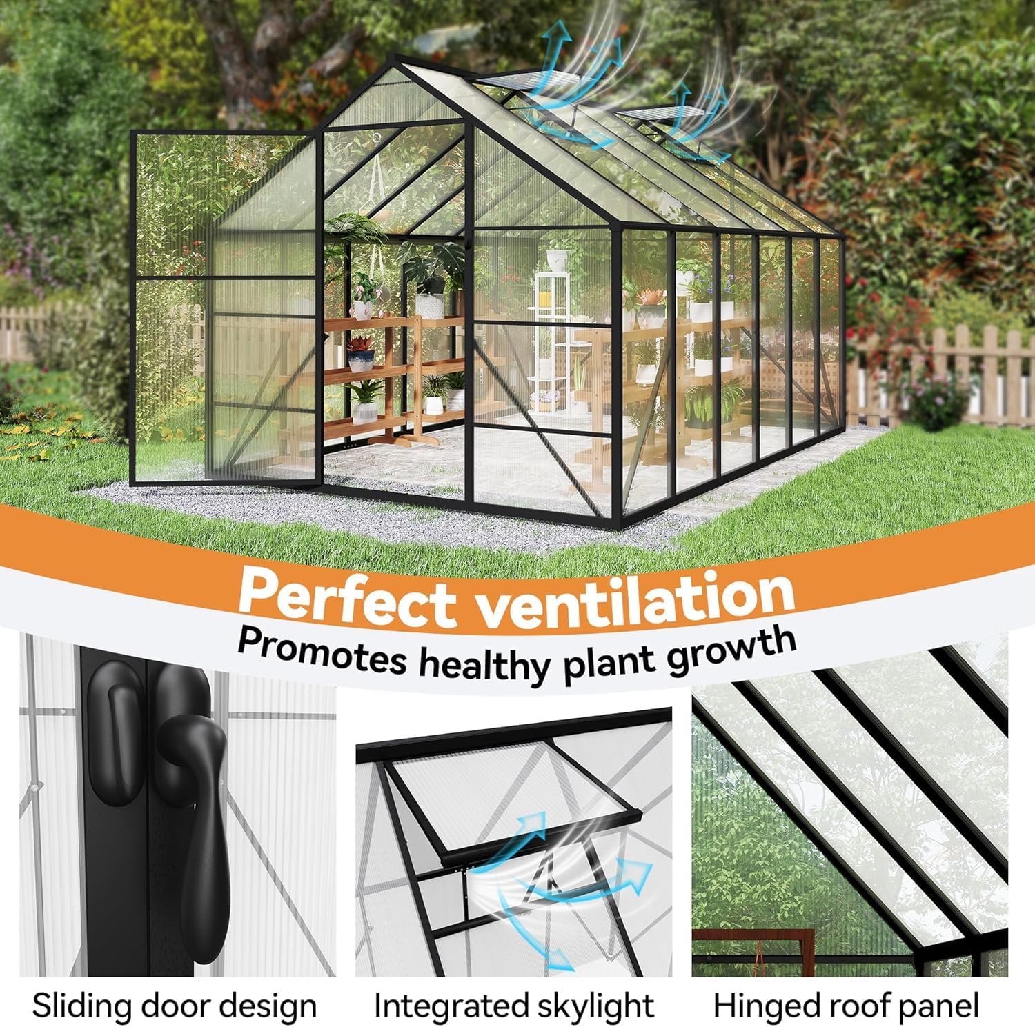 LZQ Gartengewächshaus Aluminium mit Fundament 380x250x205 cm Gewächshaus Pflanzenhaus mit Schiebetür und Dachfenster Treibhaus Gartenhaus Winterfest Aufzucht Tomatenhaus (8x12 ft)